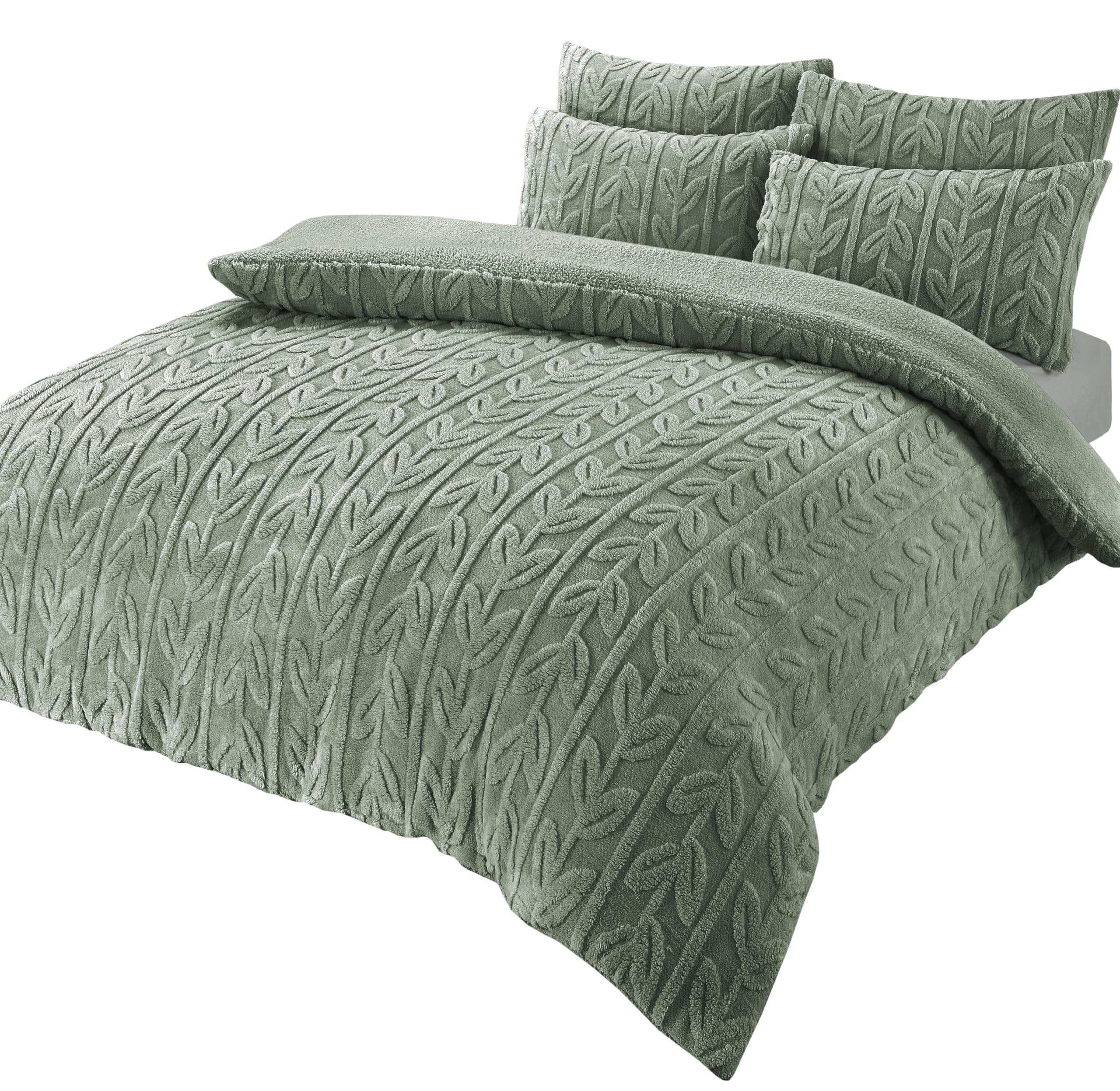 OLIVIA ROCCO Leaf Print Teddy Fleece Duvet Set | Reversible Sherpa Bedding