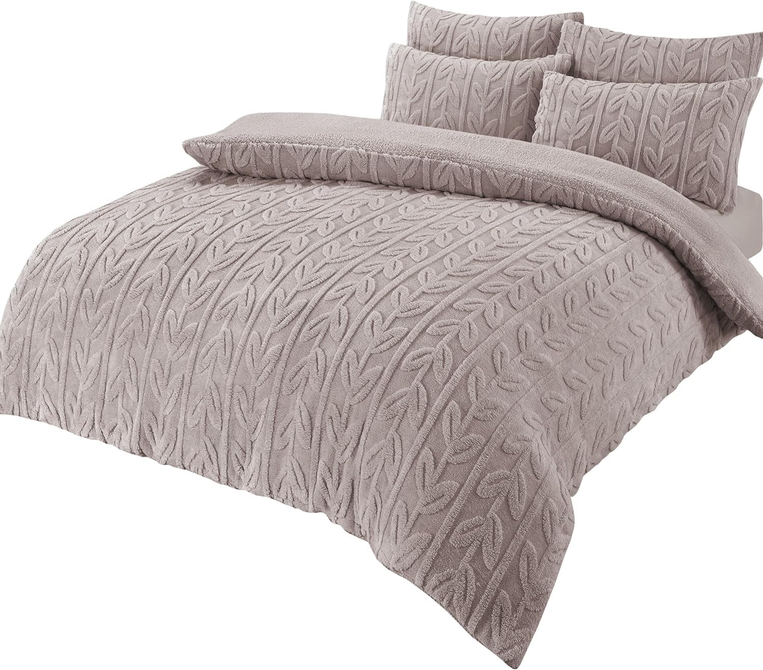 OLIVIA ROCCO Leaf Print Teddy Fleece Duvet Set | Reversible Sherpa Bedding