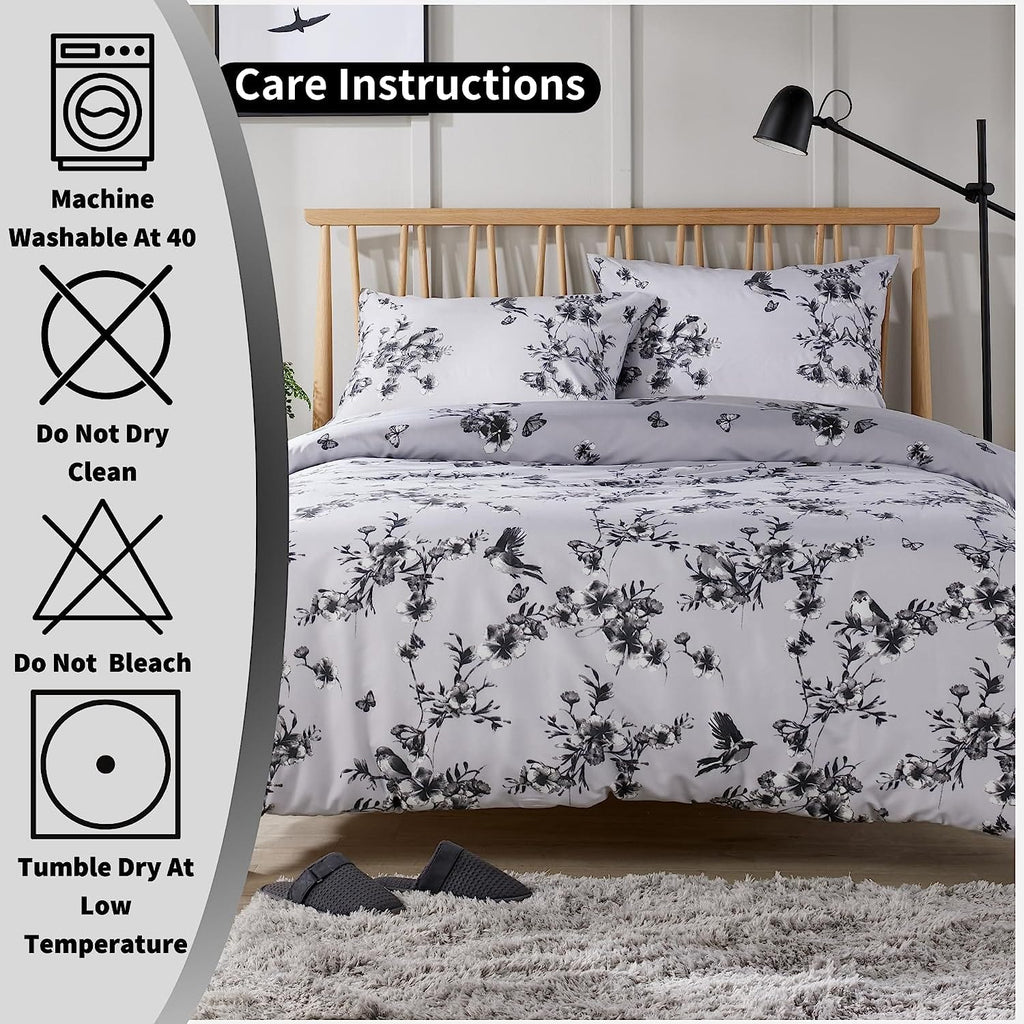 OLIVIA ROCCO Blossom Grey Printed Duvet Cover Set – Reversible Bedding
