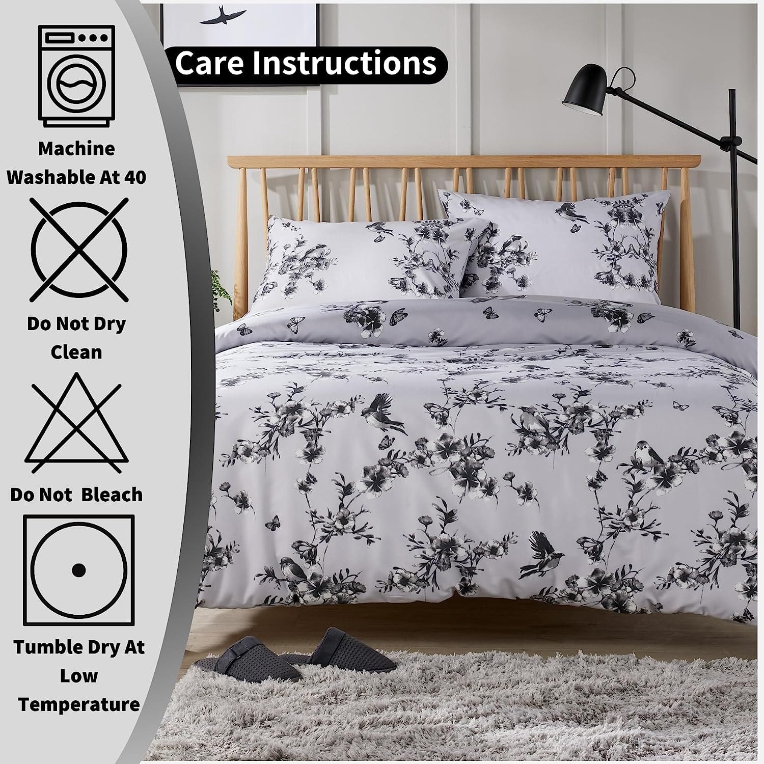 OLIVIA ROCCO Blossom Grey Printed Duvet Cover Set – Reversible Bedding