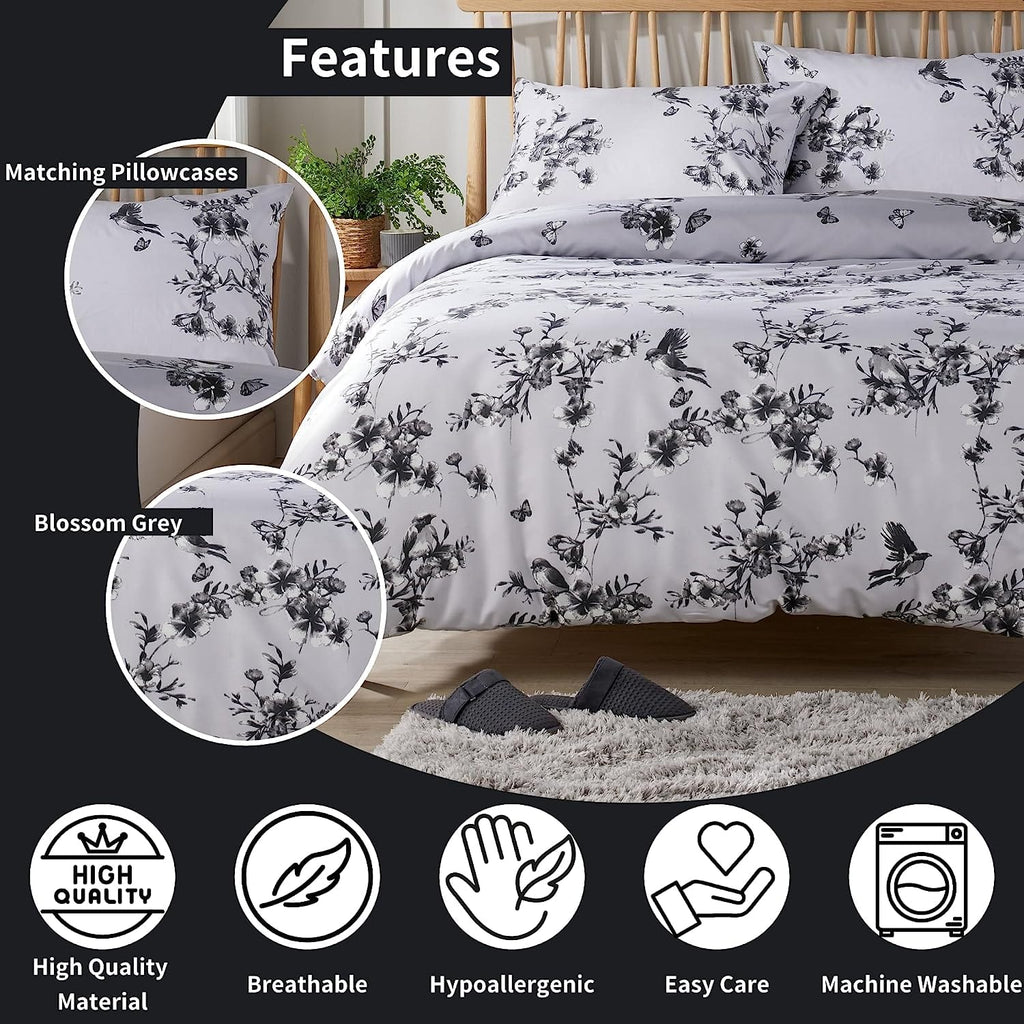 OLIVIA ROCCO Blossom Grey Printed Duvet Cover Set – Reversible Bedding