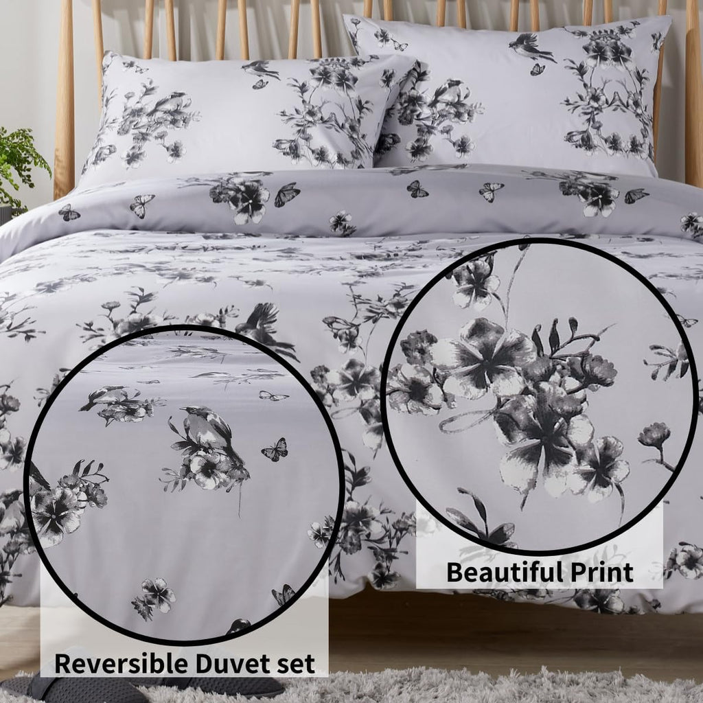 OLIVIA ROCCO Blossom Grey Printed Duvet Cover Set – Reversible Bedding