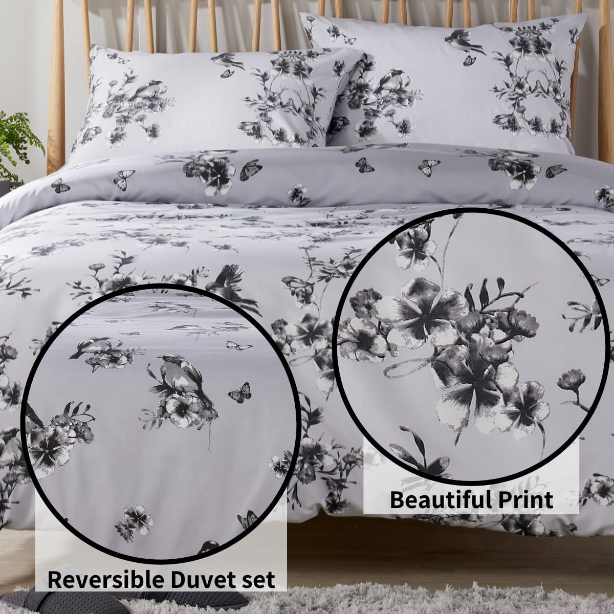 OLIVIA ROCCO Blossom Grey Printed Duvet Cover Set – Reversible Bedding