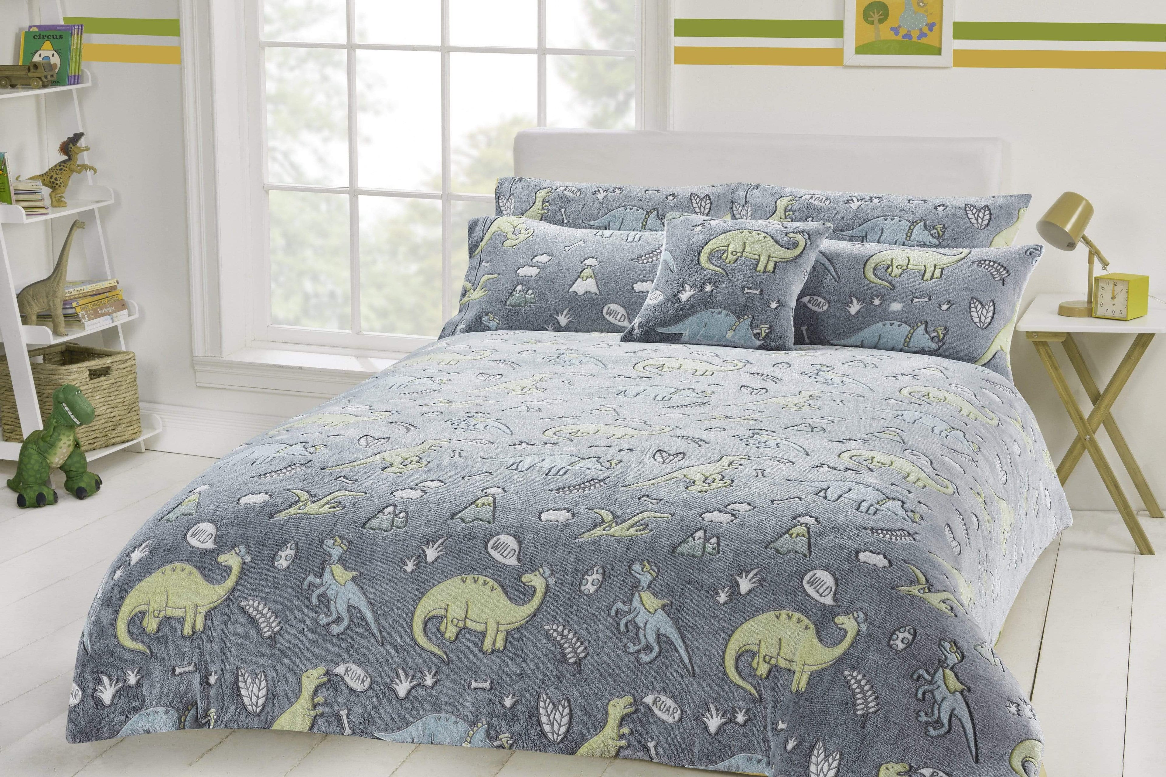 OLIVIA ROCCO Dinosaur Glow In The Dark Teddy Fleece Duvet Set with Cushion