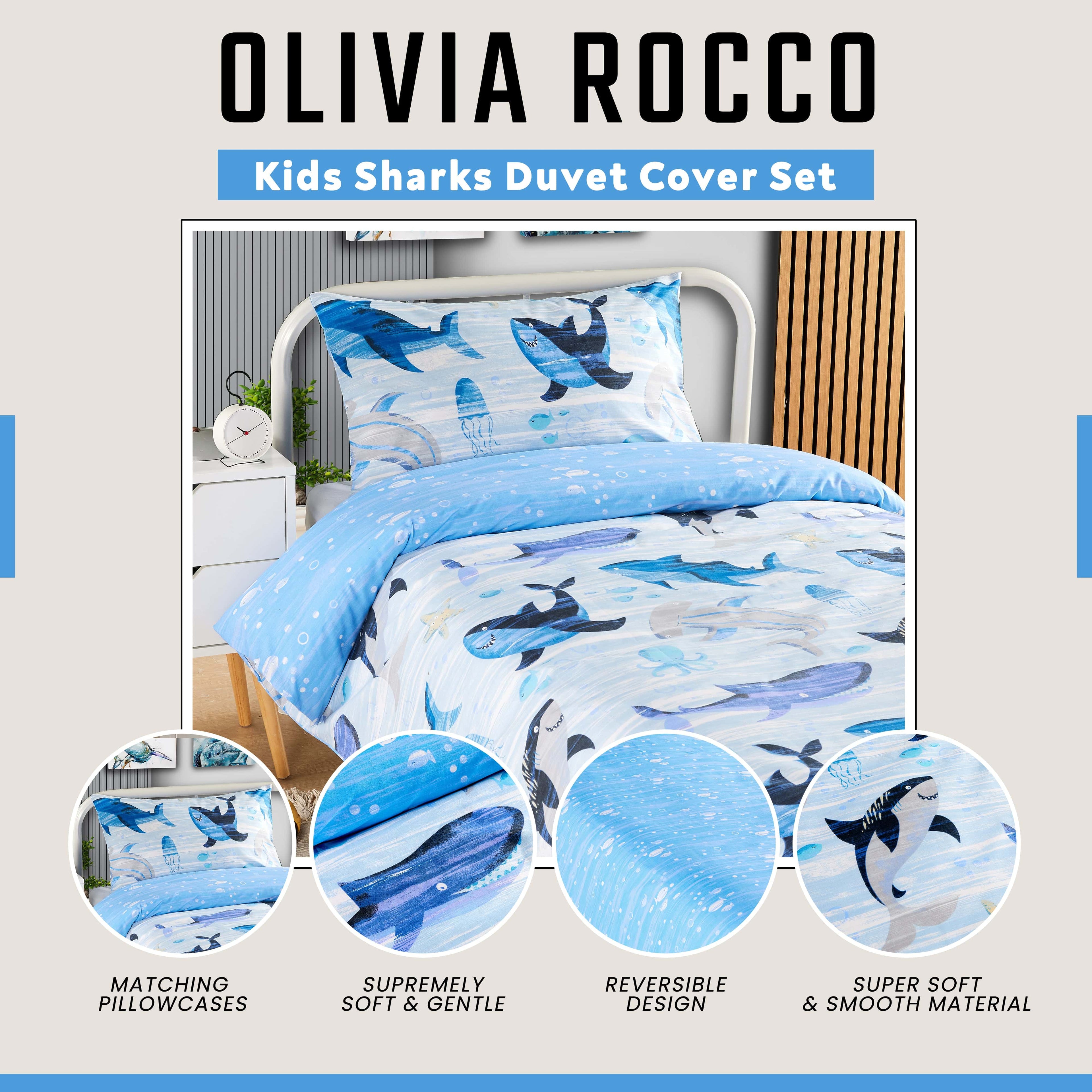 OLIVIA ROCCO Kids Shark & Whale Reversible Cotton Blend Duvet Cover Set