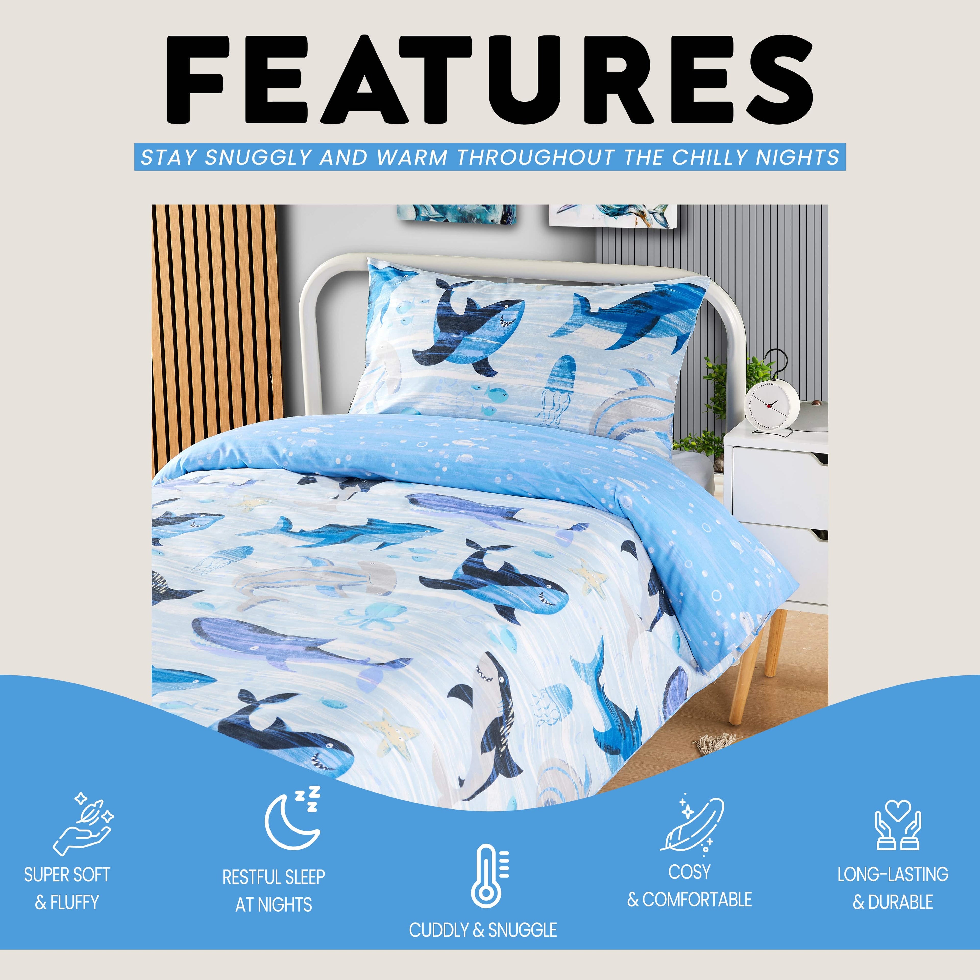 OLIVIA ROCCO Kids Shark & Whale Reversible Cotton Blend Duvet Cover Set