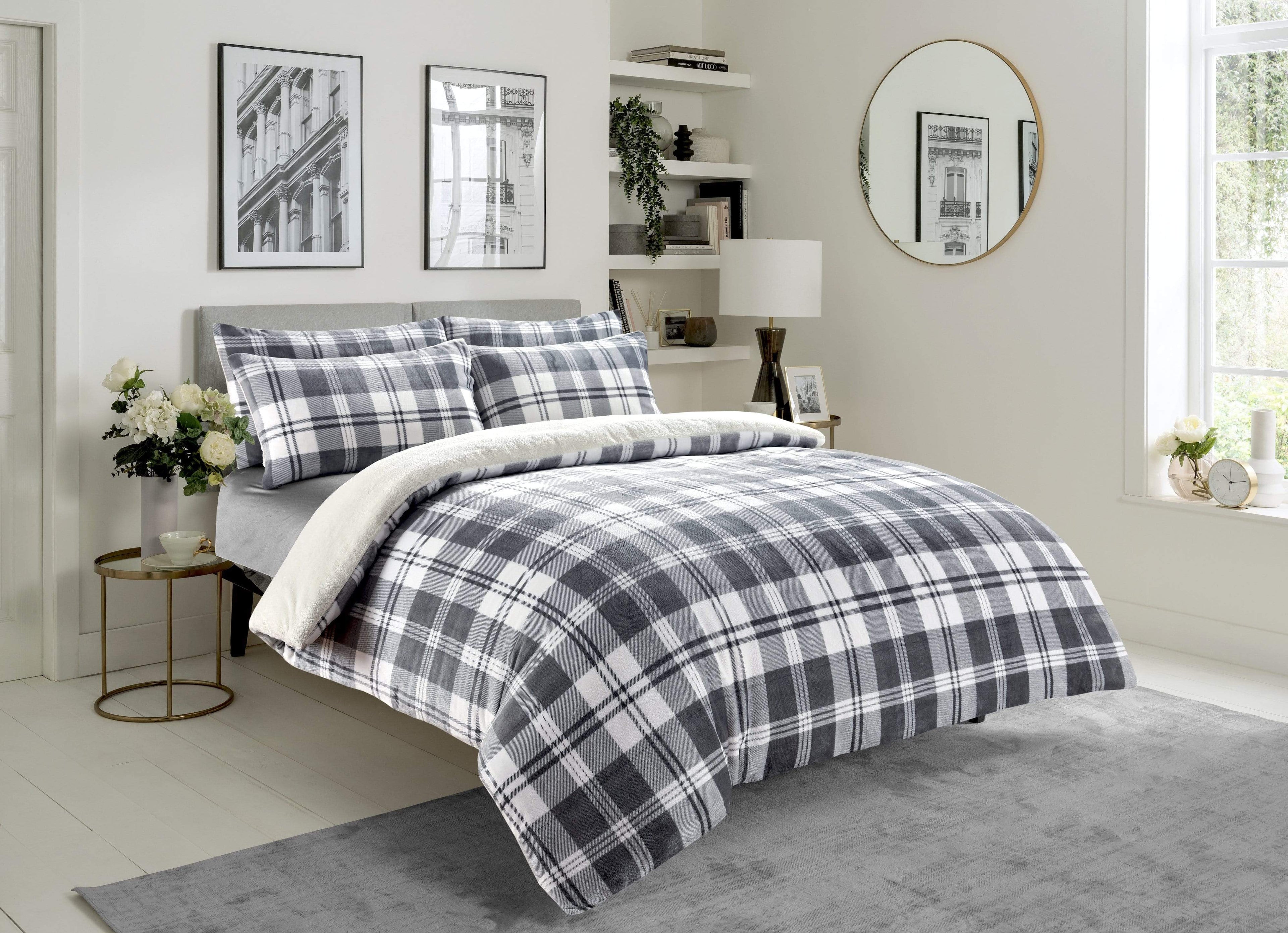OLIVIA ROCCO Grey Checked Teddy Fleece Duvet Set – Reversible Faux Fur