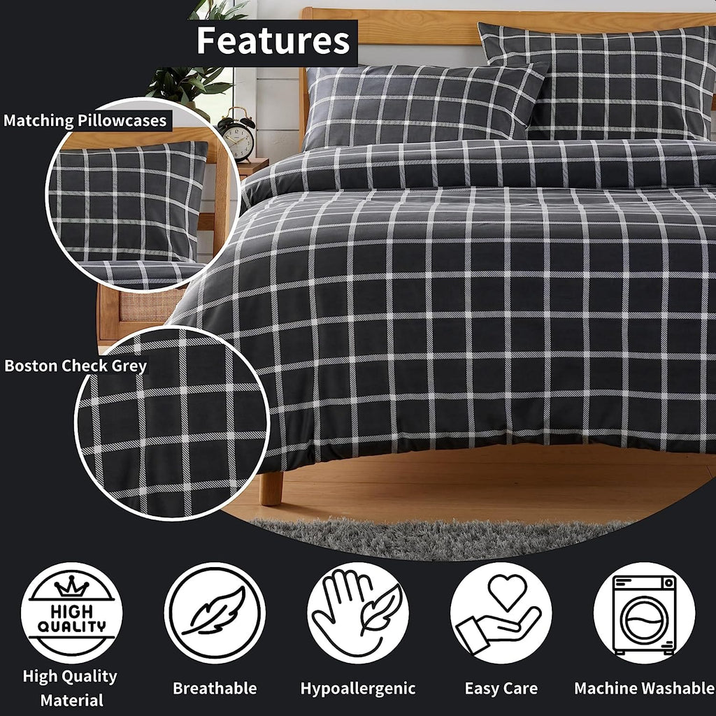 OLIVIA ROCCO Grey Boston Check Reversible Duvet Cover Set | Soft Polyester