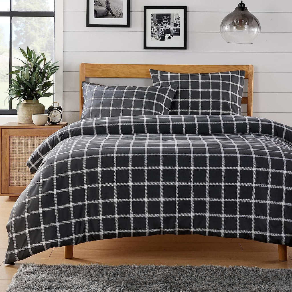 OLIVIA ROCCO Grey Boston Check Reversible Duvet Cover Set | Soft Polyester