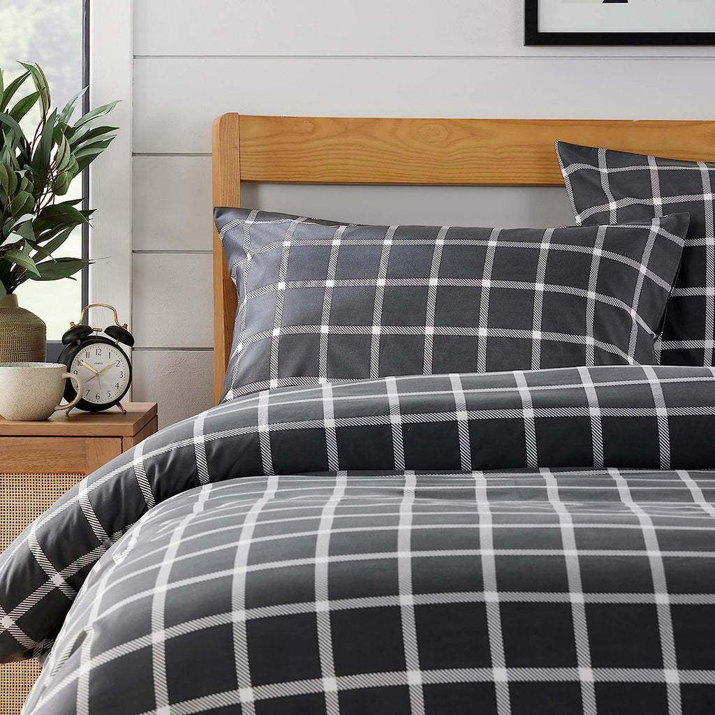 OLIVIA ROCCO Grey Boston Check Reversible Duvet Cover Set | Soft Polyester