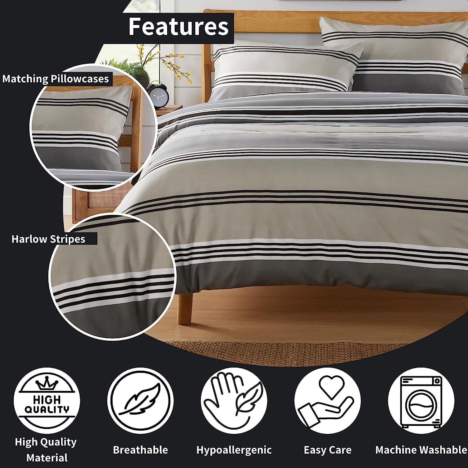 OLIVIA ROCCO Harlow Stripes Grey Reversible Quilted Duvet Cover Set
