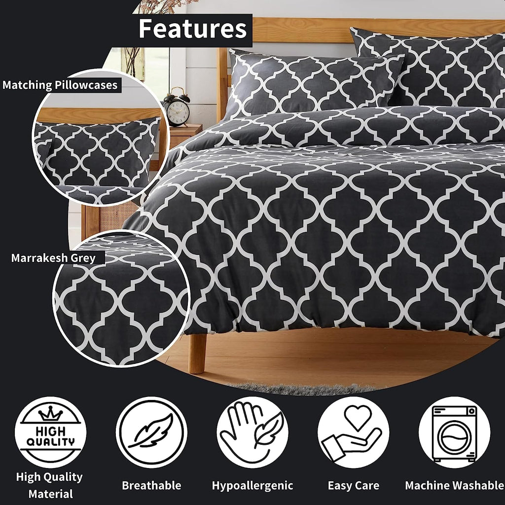OLIVIA ROCCO Marrakesh Grey Printed Duvet Cover Set | Easy Care Bedding