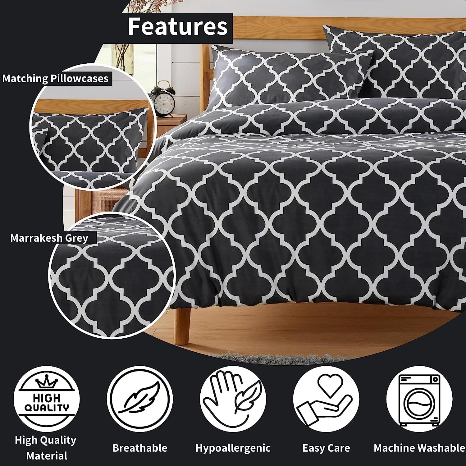 OLIVIA ROCCO Marrakesh Grey Printed Duvet Cover Set | Easy Care Bedding