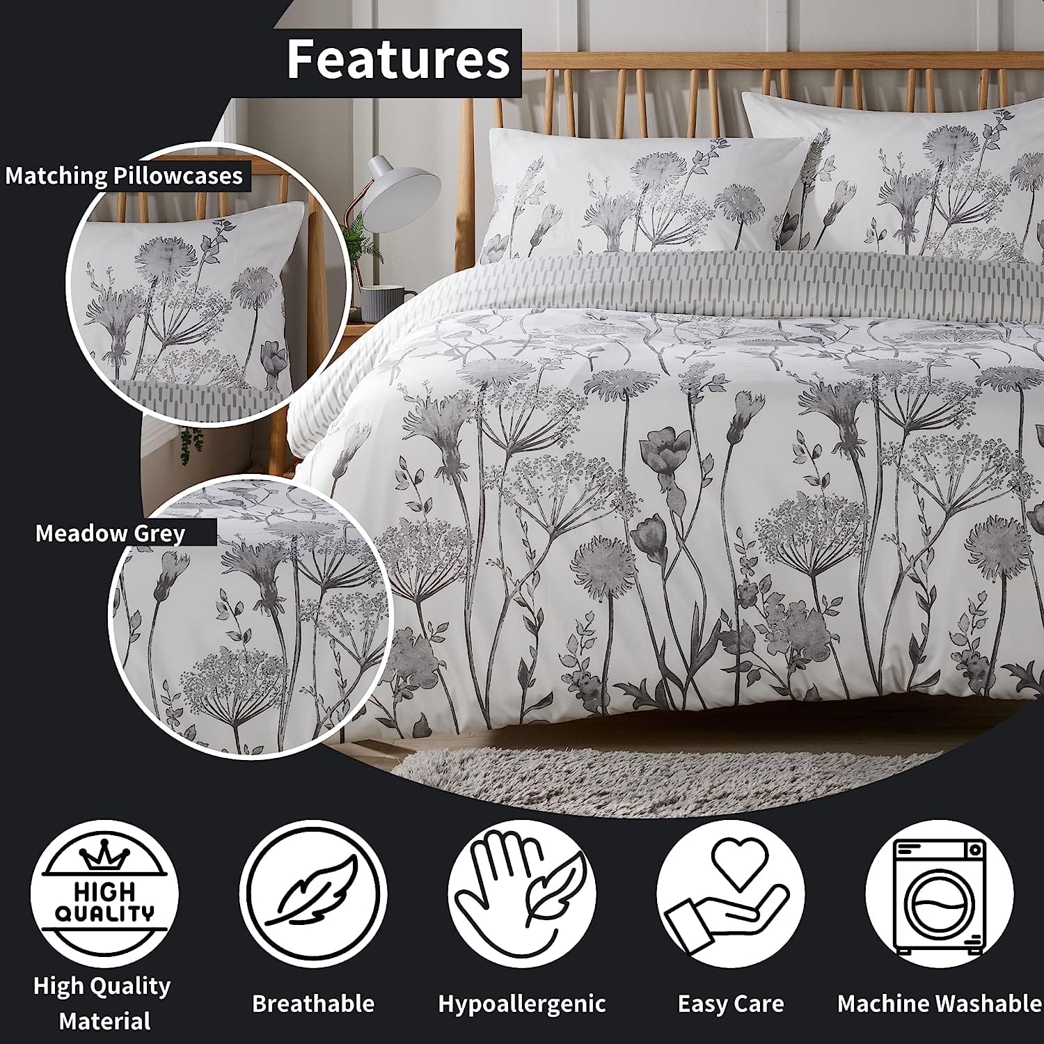 OLIVIA ROCCO Meadow Grey Reversible Duvet Cover Set | Easy Care Bedding