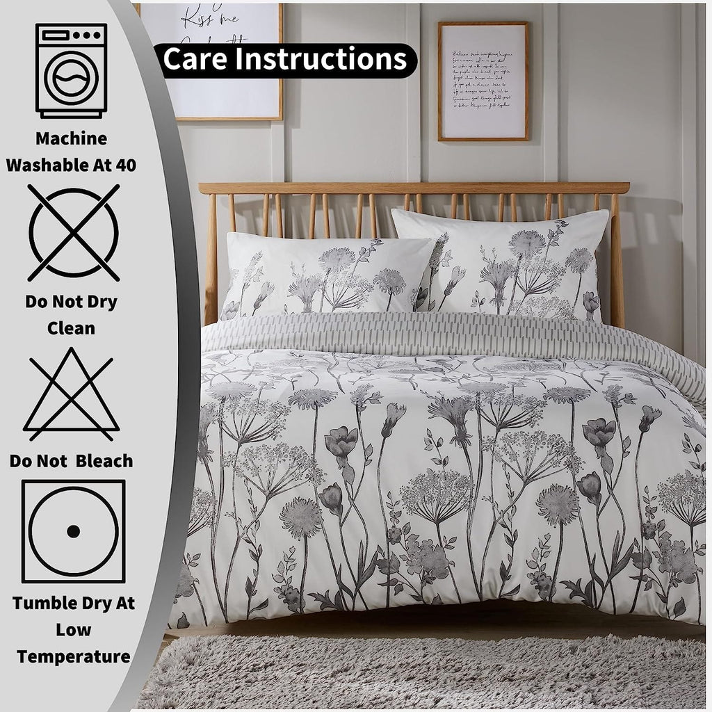 OLIVIA ROCCO Meadow Grey Reversible Duvet Cover Set | Easy Care Bedding