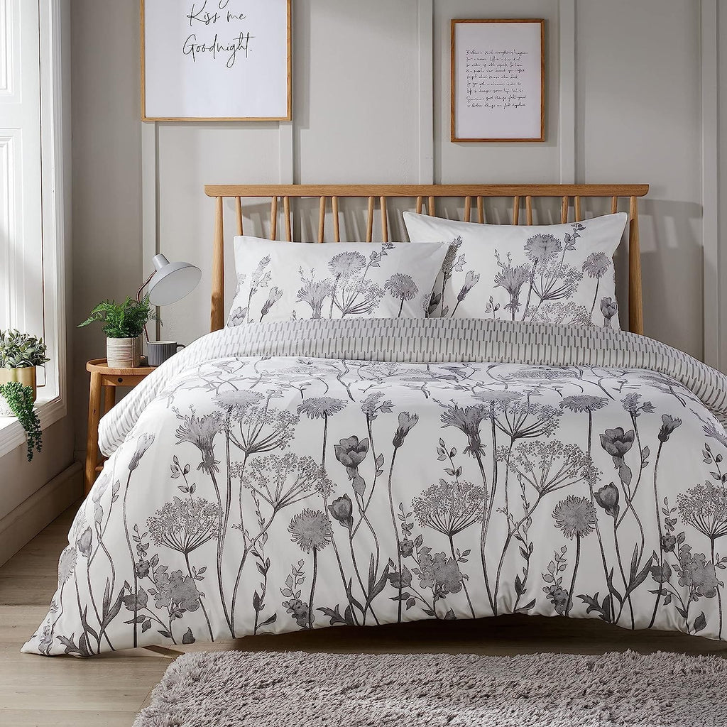 OLIVIA ROCCO Meadow Grey Reversible Duvet Cover Set | Easy Care Bedding