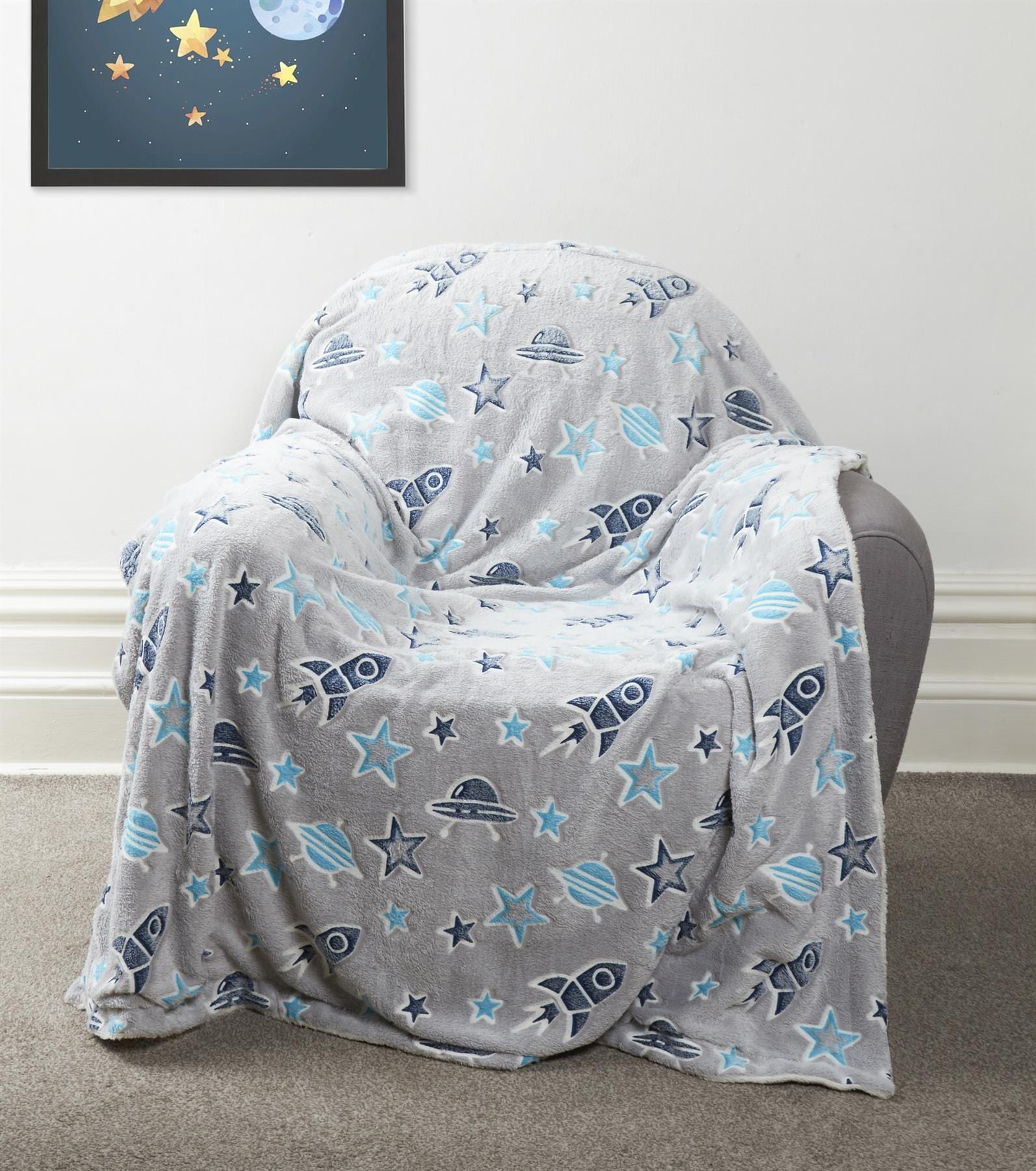 OLIVIA ROCCO Glow In The Dark Outer Space Teddy Fleece Kids Duvet Set