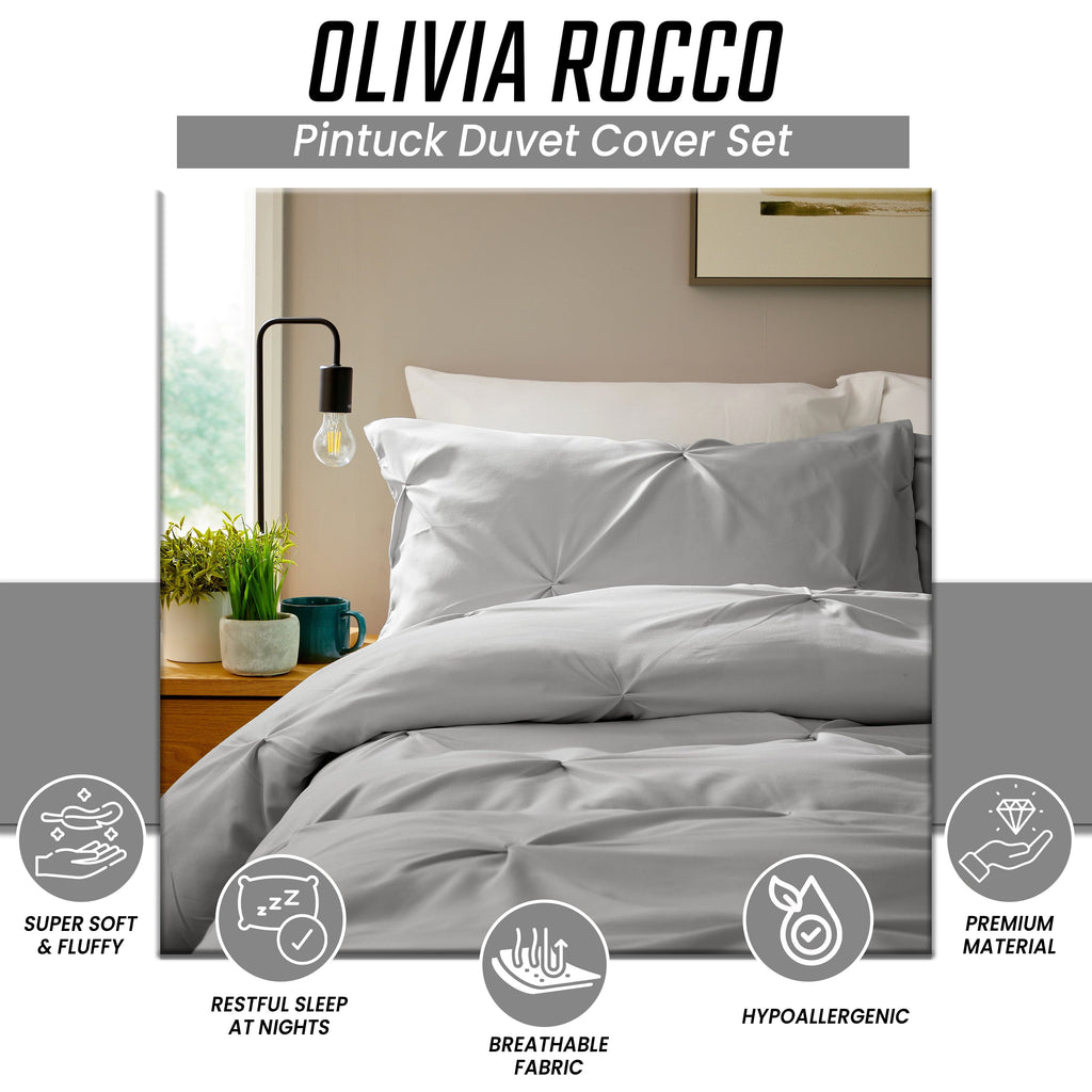 OLIVIA ROCCO Grey Pintuck Duvet Cover Set | Soft Microfibre Bedding