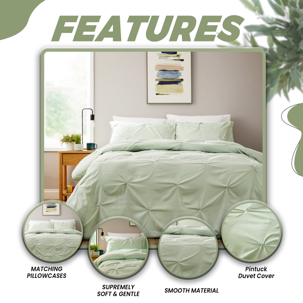 OLIVIA ROCCO Pintuck Sage Green Microfibre Duvet Cover Set with Pillowcases
