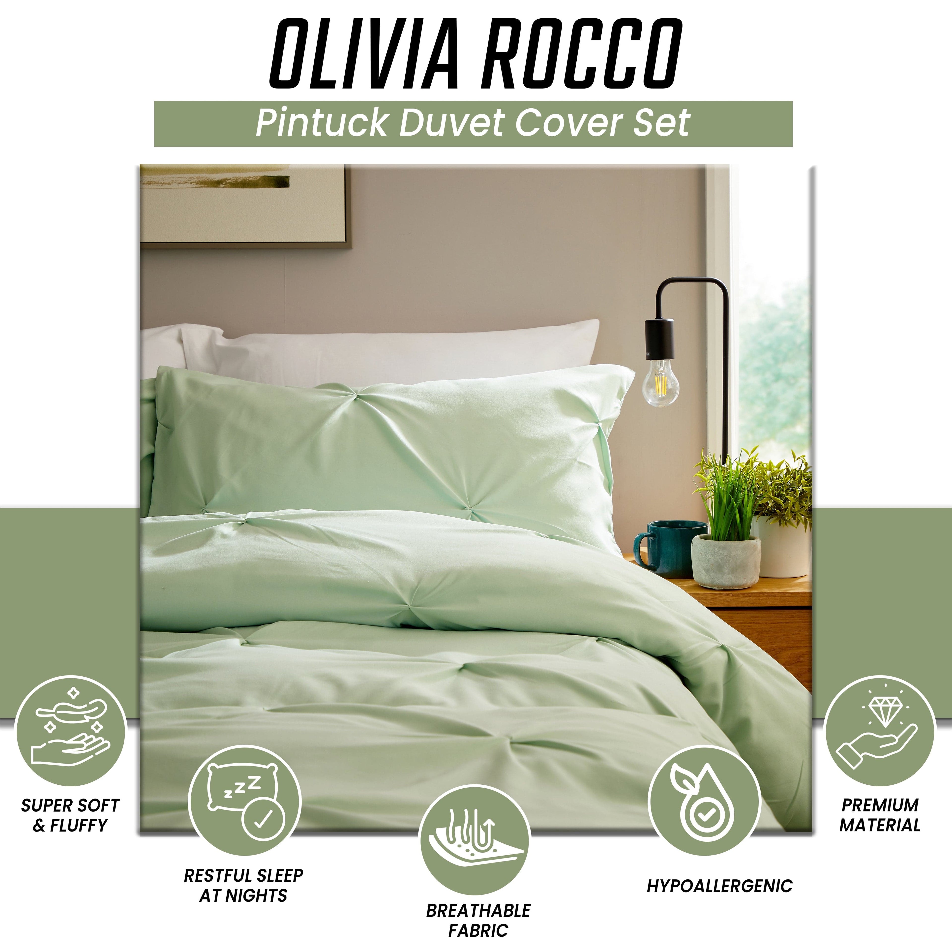 OLIVIA ROCCO Pintuck Sage Green Microfibre Duvet Cover Set with Pillowcases
