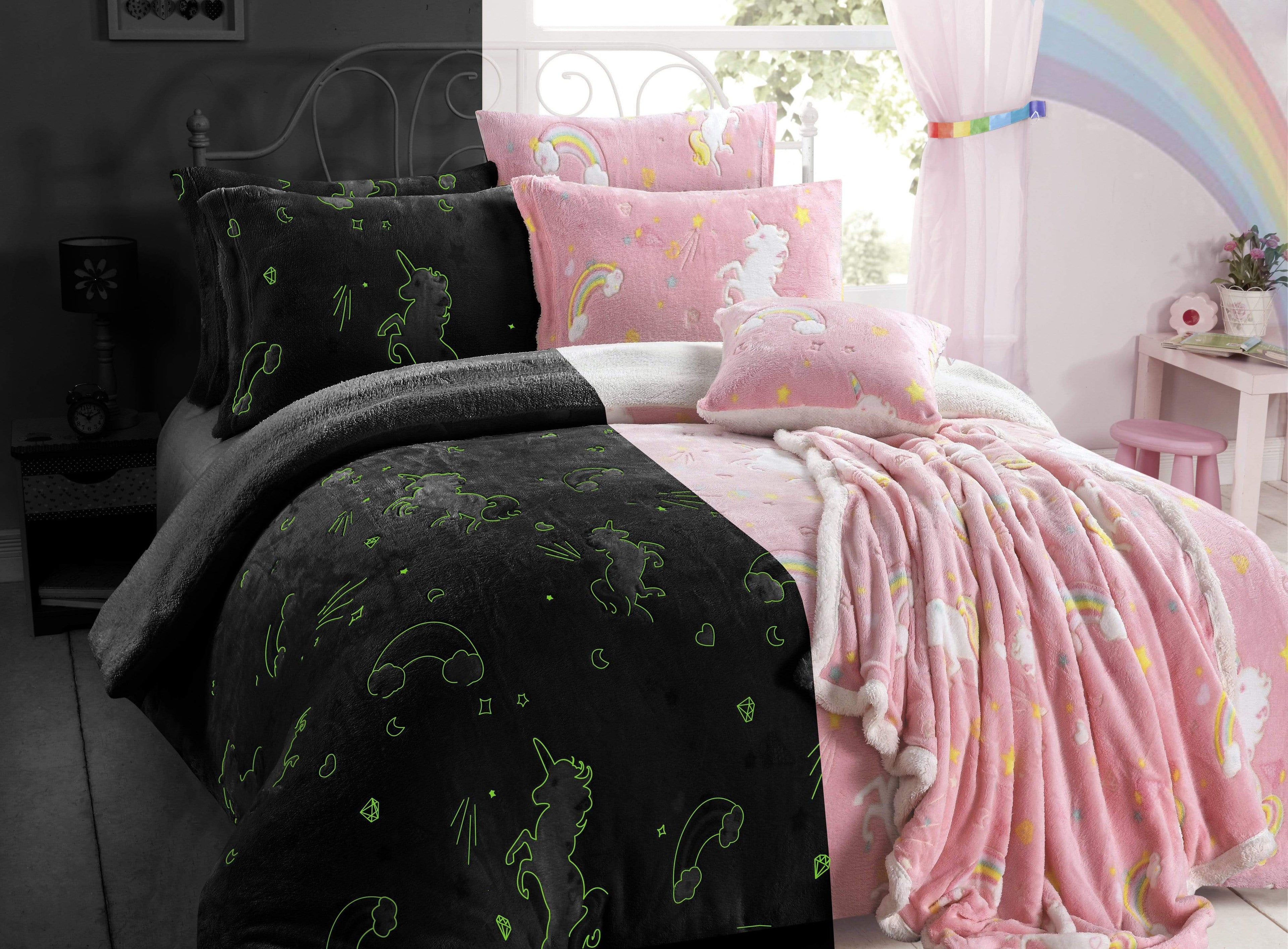 OLIVIA ROCCO Rainbow Unicorn Glow In The Dark Teddy Fleece Kids Duvet Set