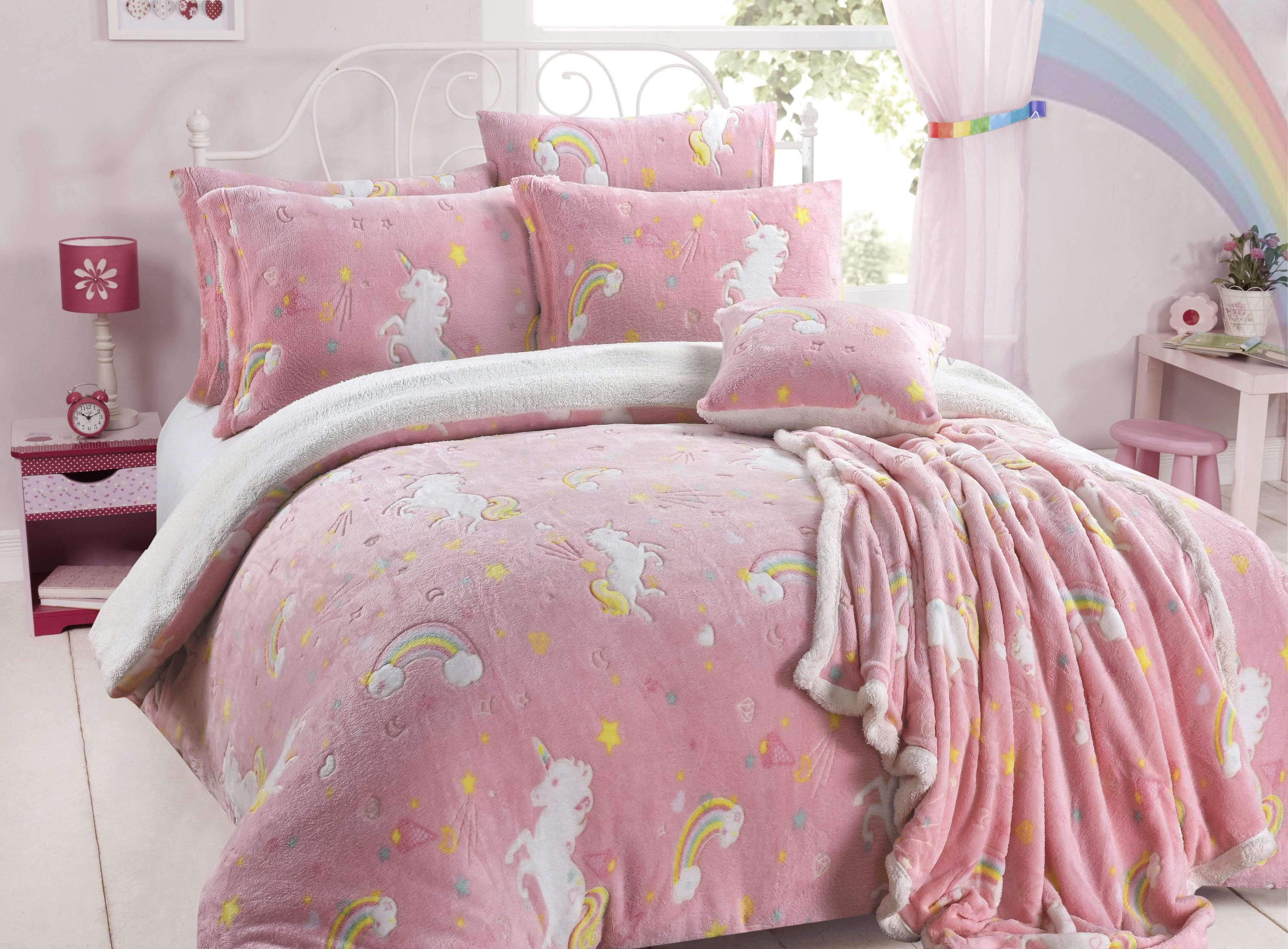 OLIVIA ROCCO Rainbow Unicorn Glow In The Dark Teddy Fleece Kids Duvet Set