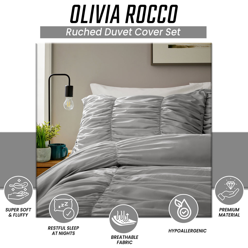 OLIVIA ROCCO Ruched Grey Microfibre Duvet Cover Set | Ruffle Bedding