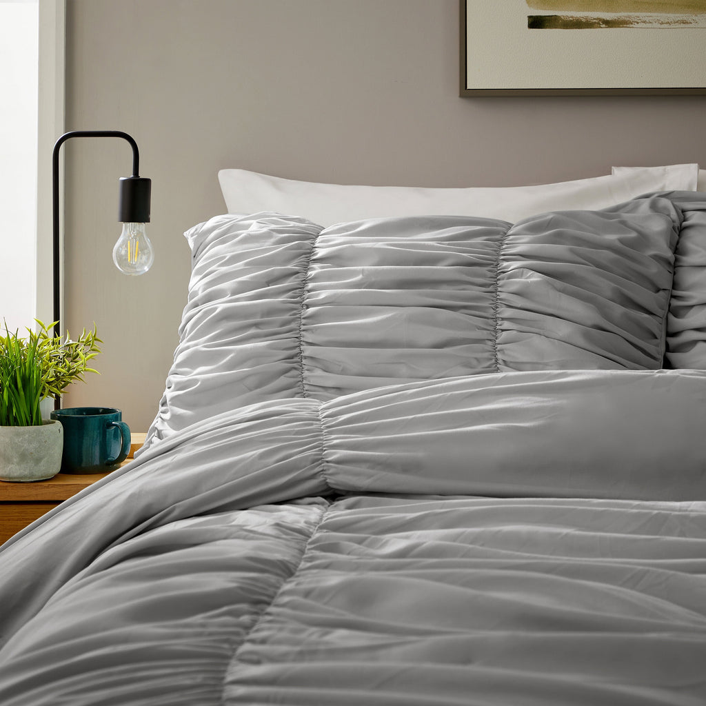 OLIVIA ROCCO Ruched Grey Microfibre Duvet Cover Set | Ruffle Bedding