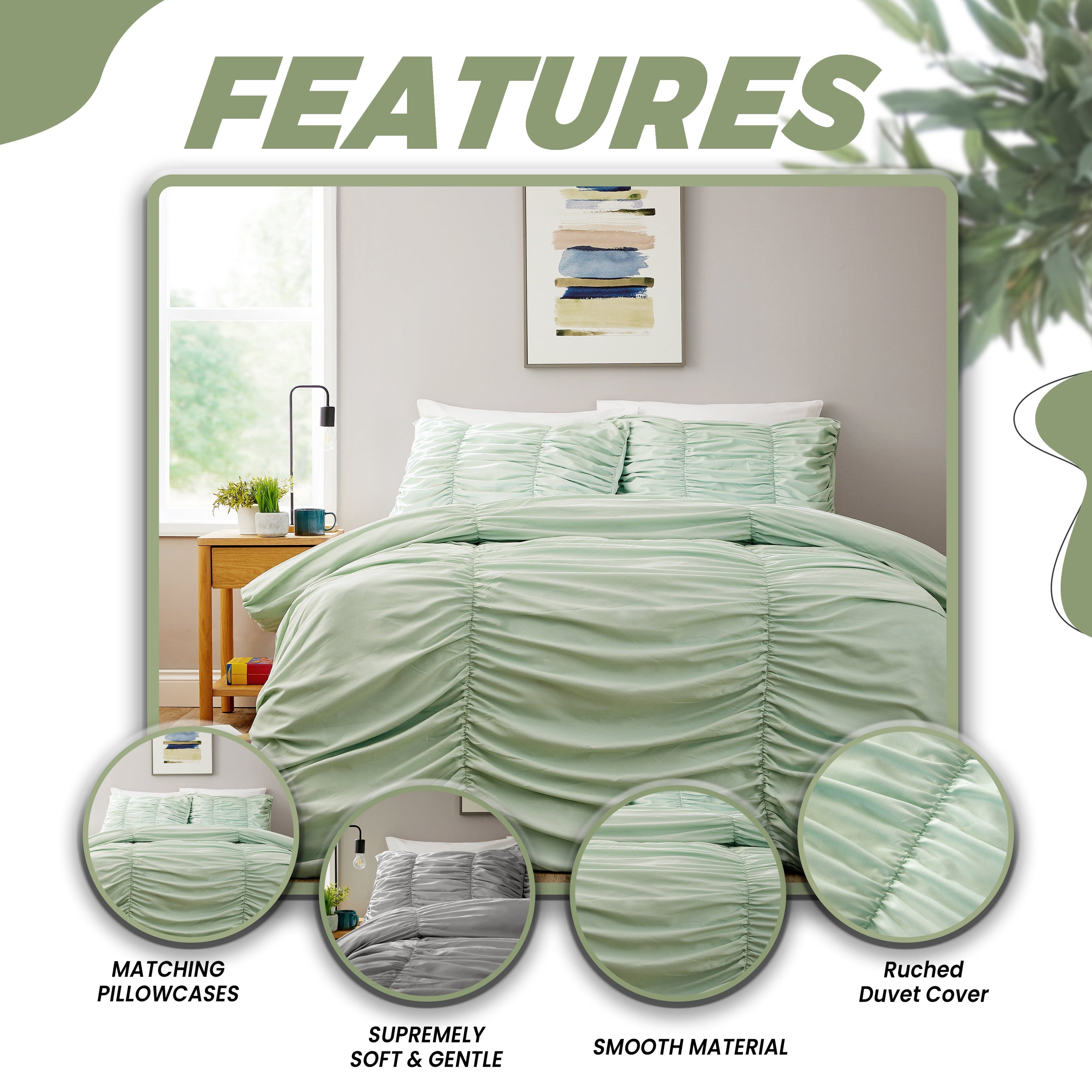 OLIVIA ROCCO Sage Green Ruched Microfibre Duvet Cover Set | Ruffle Bedding