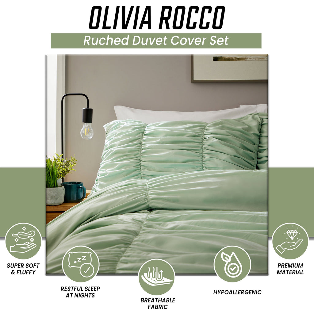 OLIVIA ROCCO Sage Green Ruched Microfibre Duvet Cover Set | Ruffle Bedding