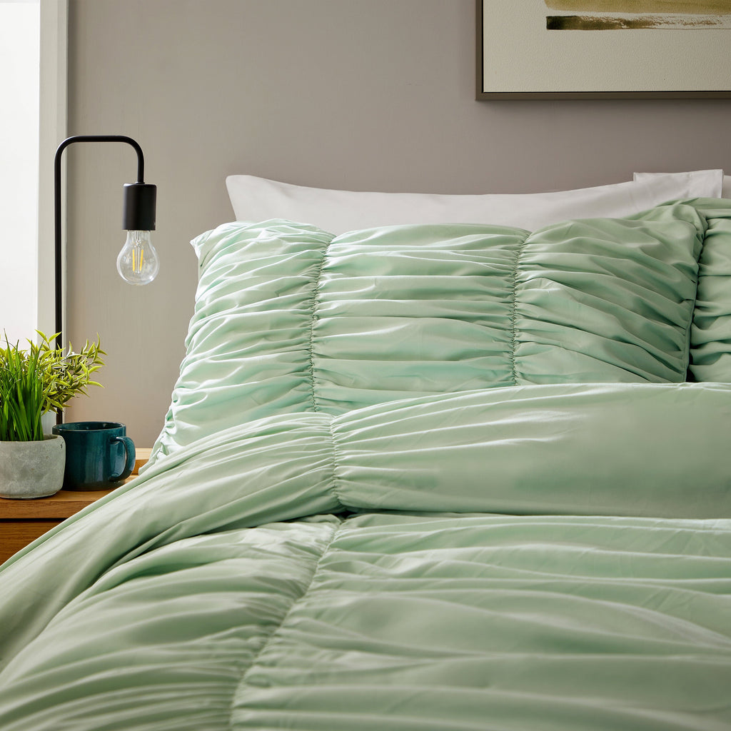 OLIVIA ROCCO Sage Green Ruched Microfibre Duvet Cover Set | Ruffle Bedding
