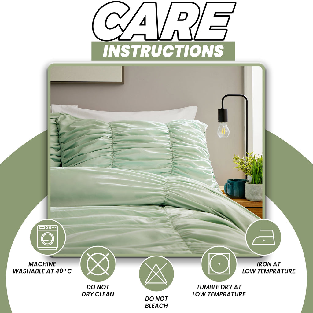 OLIVIA ROCCO Sage Green Ruched Microfibre Duvet Cover Set | Ruffle Bedding