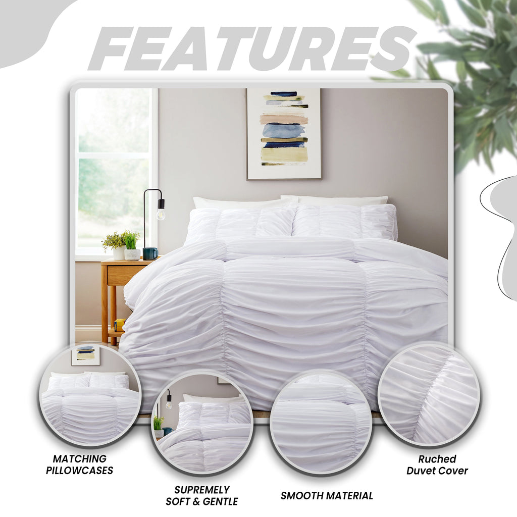 OLIVIA ROCCO Ruched White Microfibre Duvet Cover Set | Ruffle Bedding