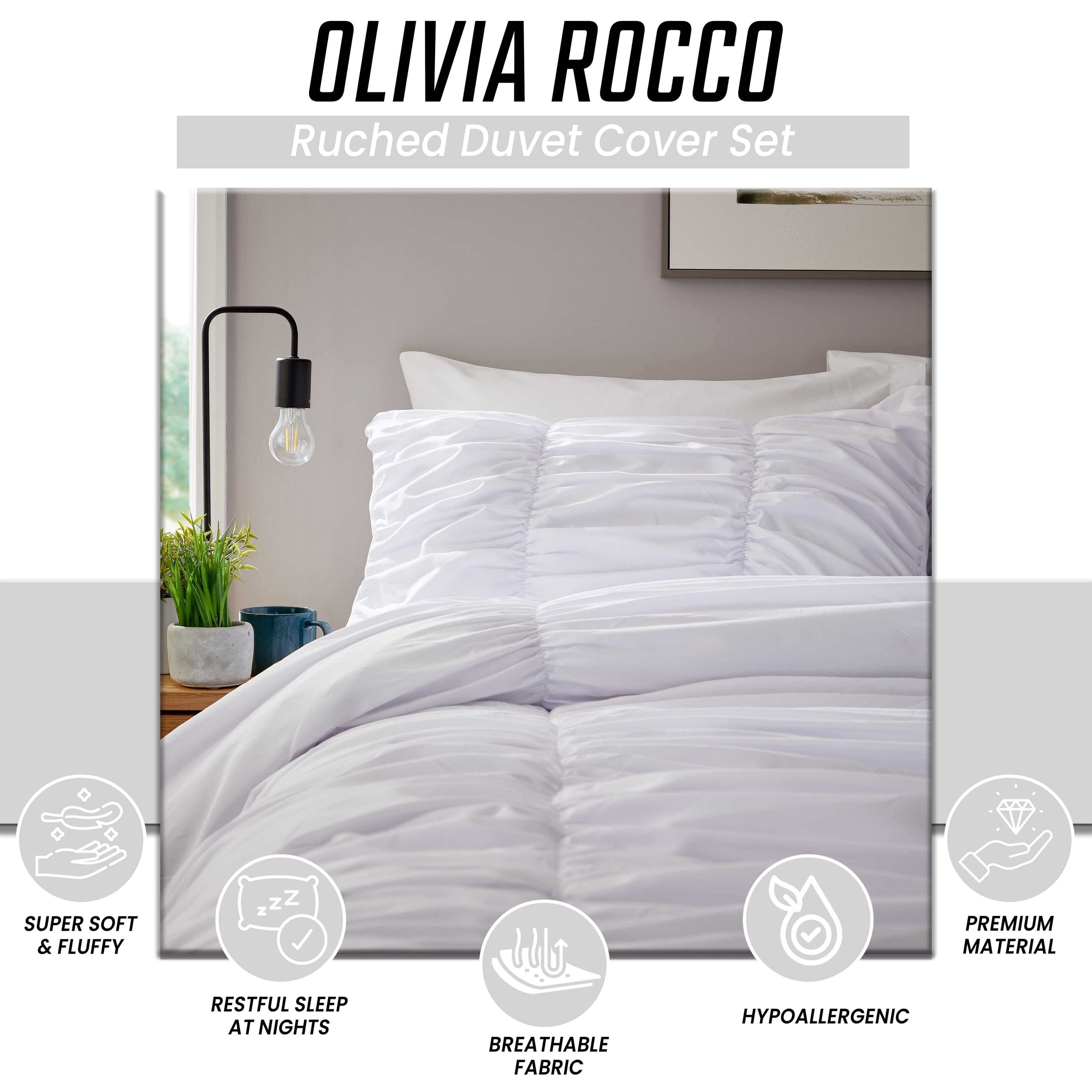 OLIVIA ROCCO Ruched White Microfibre Duvet Cover Set | Ruffle Bedding