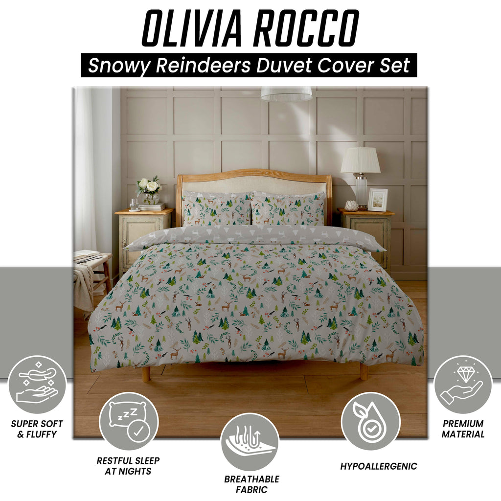 OLIVIA ROCCO Snowy Reindeers Reversible Duvet Cover Set | Polycotton Bedding
