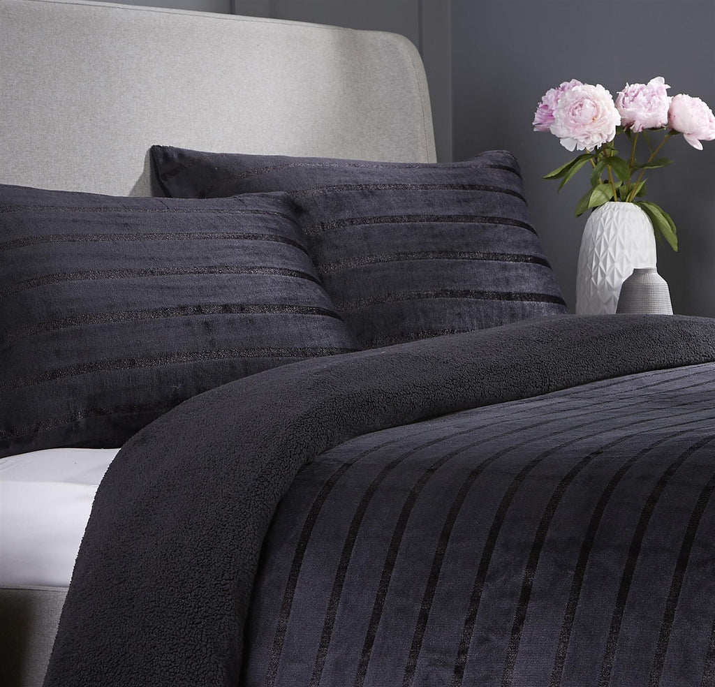OLIVIA ROCCO Satin Stripe Reversible Faux Fur Teddy Duvet Cover Set