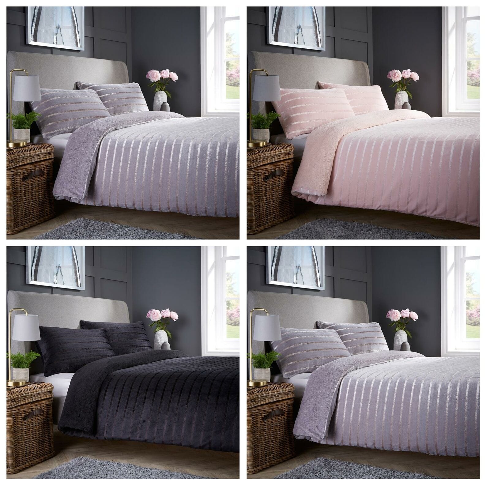 OLIVIA ROCCO Satin Stripe Reversible Faux Fur Teddy Duvet Cover Set