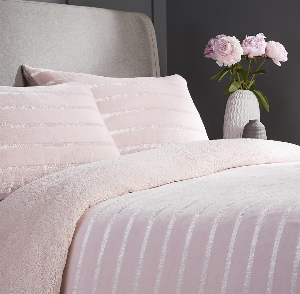 OLIVIA ROCCO Satin Stripe Reversible Faux Fur Teddy Duvet Cover Set