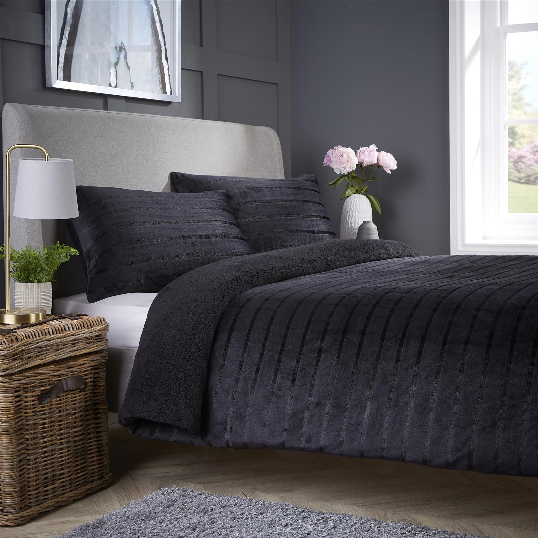 OLIVIA ROCCO Satin Stripe Reversible Faux Fur Teddy Duvet Cover Set