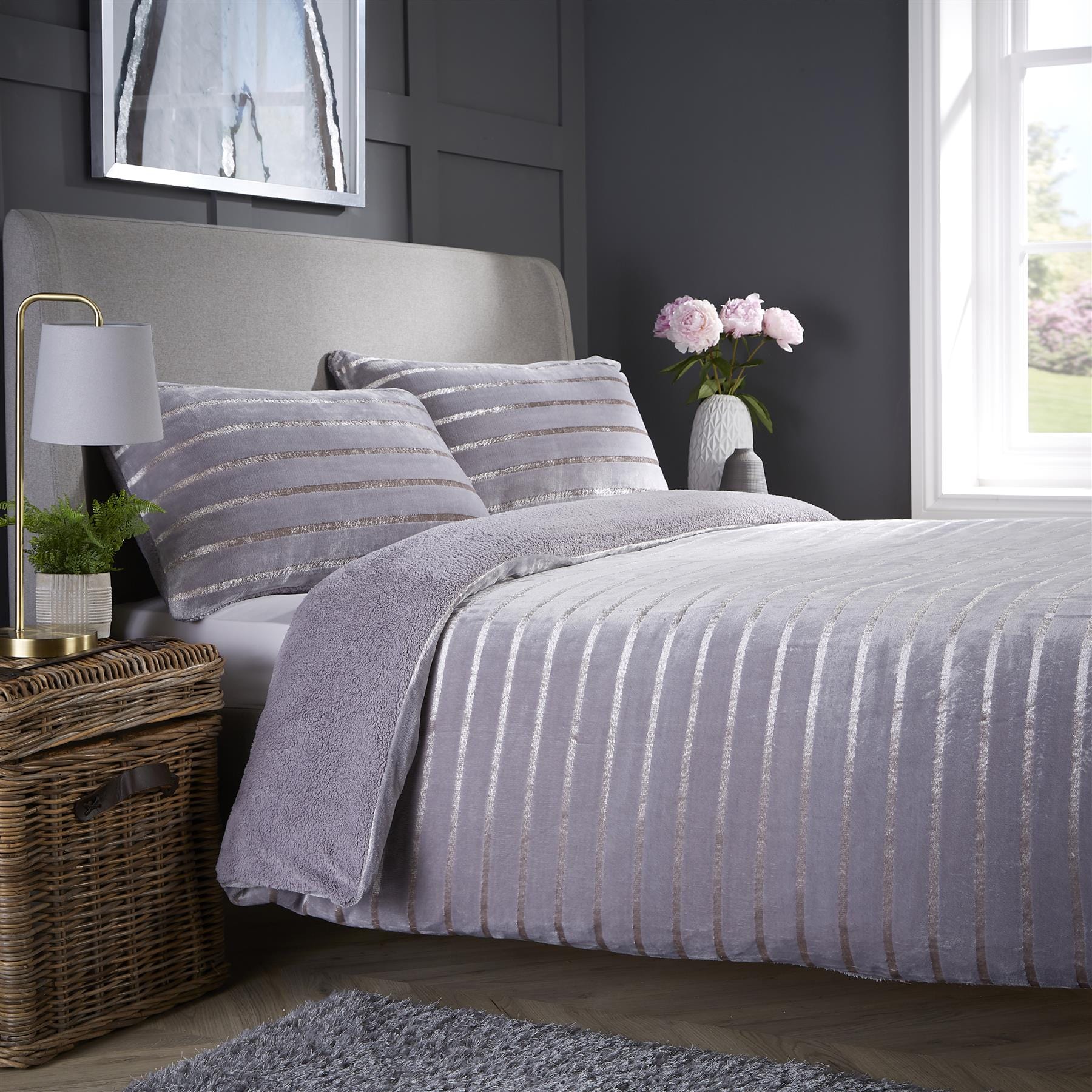 OLIVIA ROCCO Satin Stripe Reversible Faux Fur Teddy Duvet Cover Set