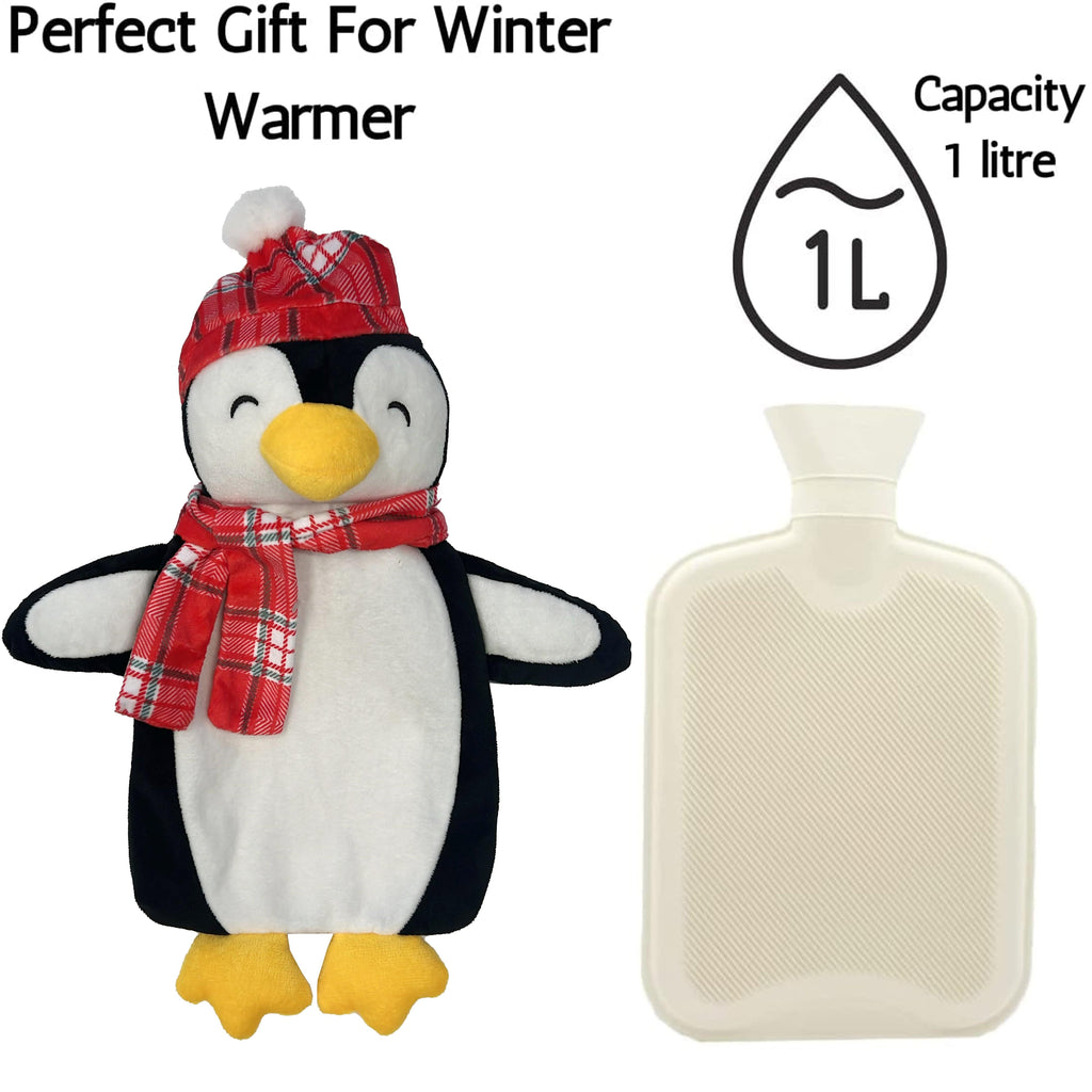OLIVIA ROCCO Penguin Hot Water Bottle – 1L Natural Rubber with Fleece Cover