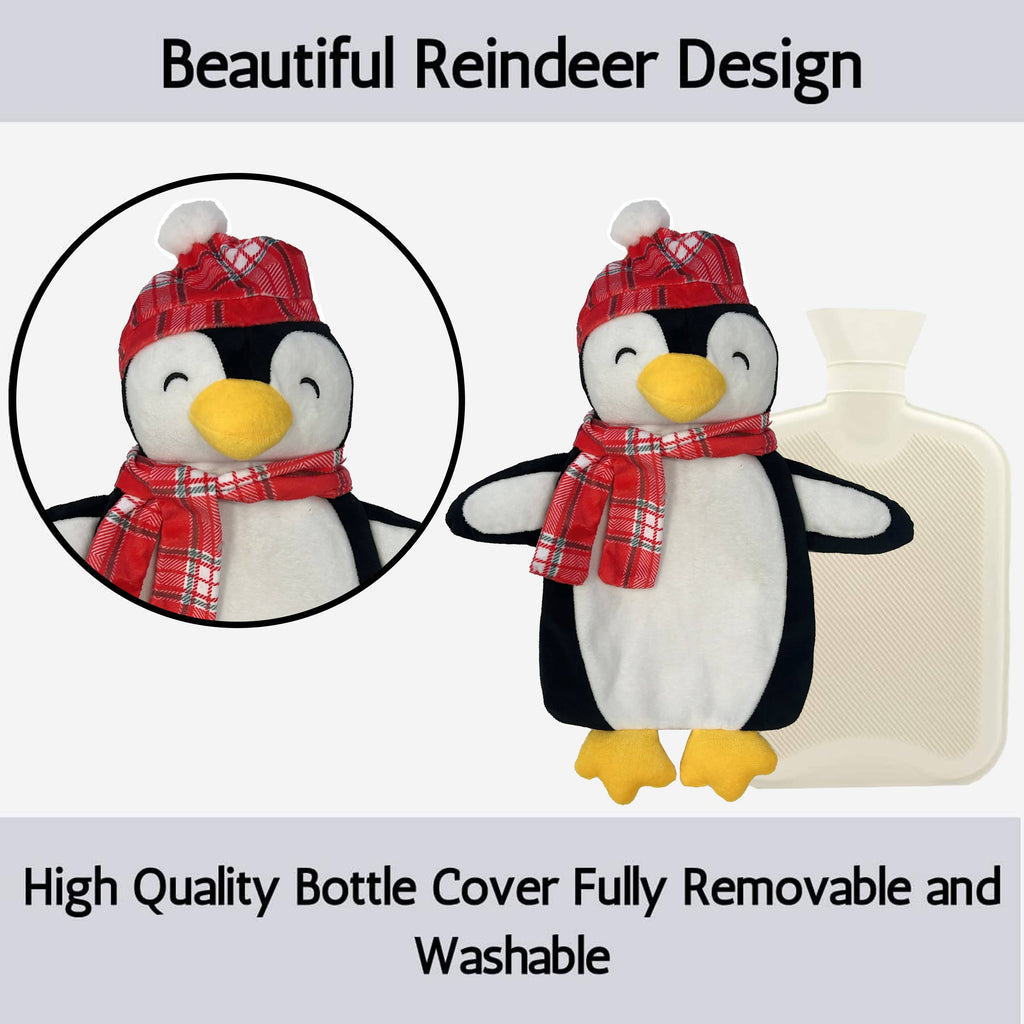 OLIVIA ROCCO Penguin Hot Water Bottle – 1L Natural Rubber with Fleece Cover