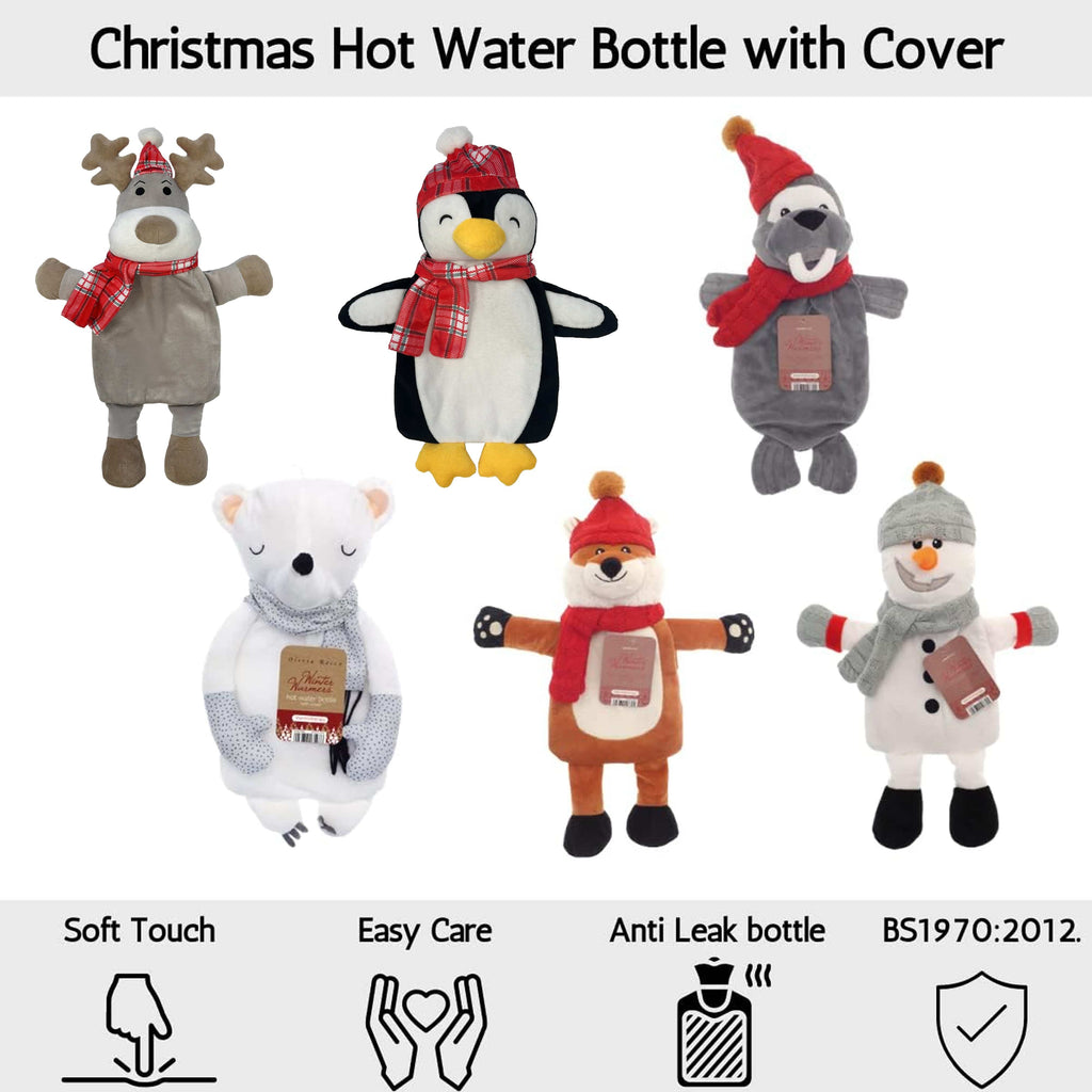 OLIVIA ROCCO Penguin Hot Water Bottle – 1L Natural Rubber with Fleece Cover
