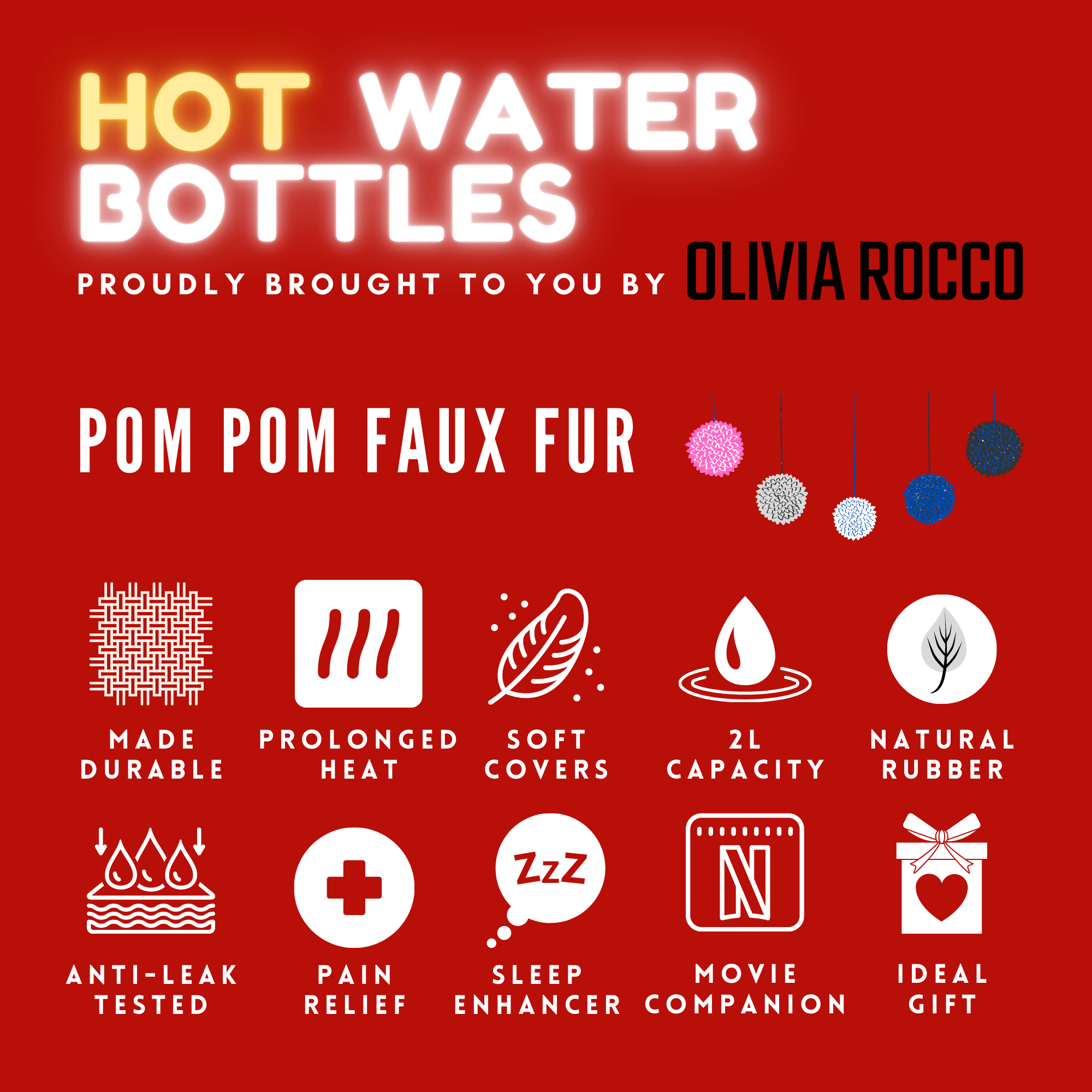 OLIVIA ROCCO 2L Hot Water Bottle | Soft Faux Fur Pom Pom Cover