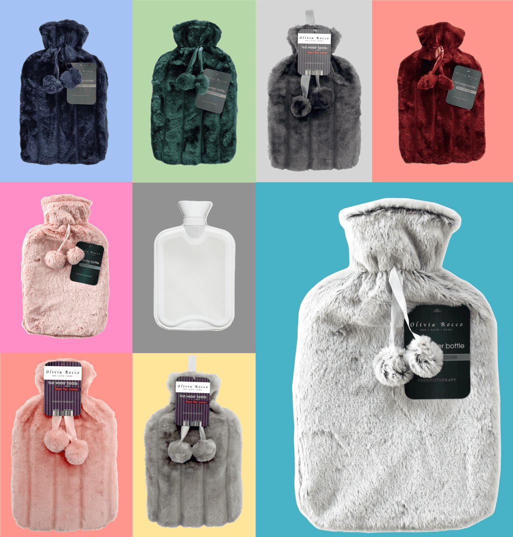 OLIVIA ROCCO 2L Hot Water Bottle | Soft Faux Fur Pom Pom Cover