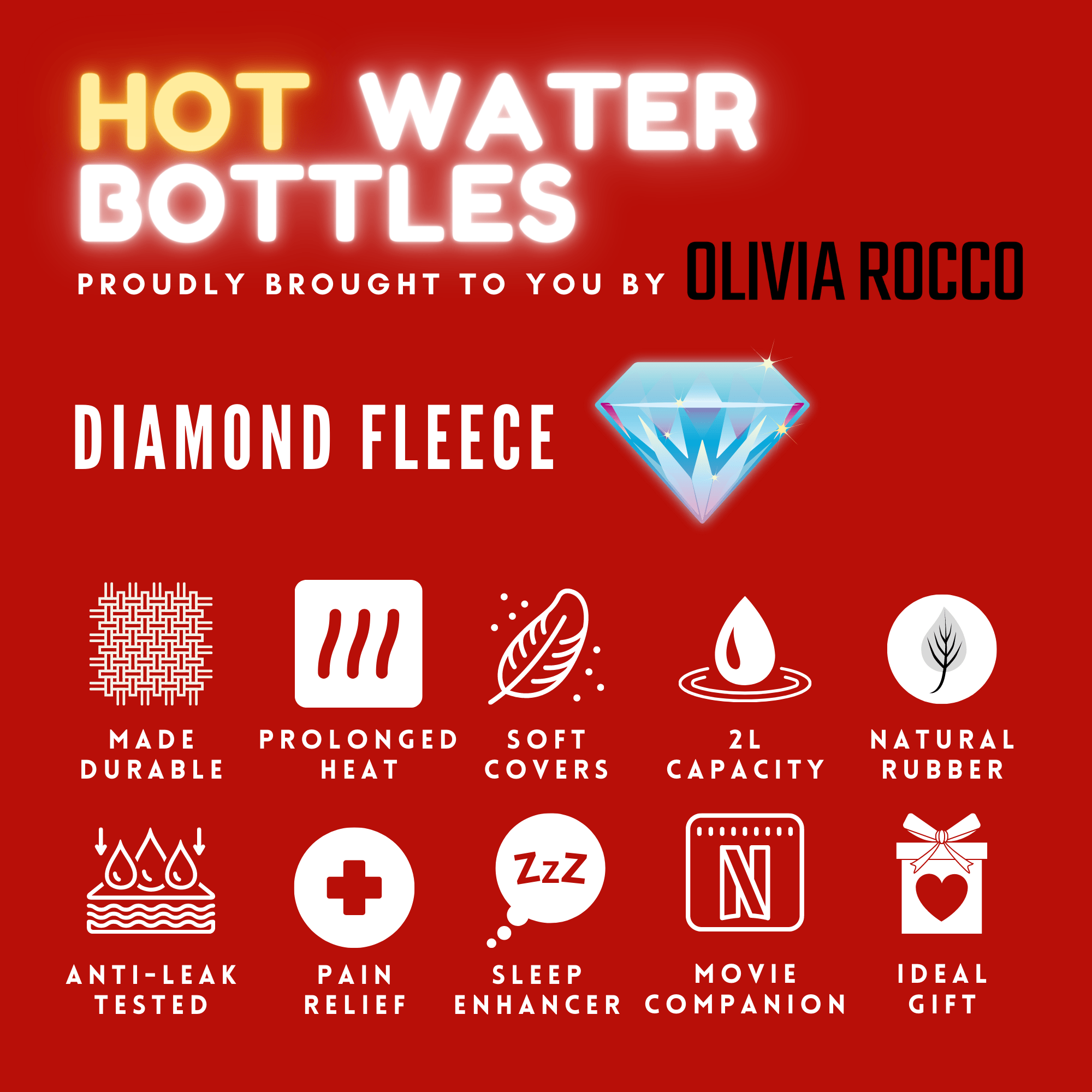 OLIVIA ROCCO Hot Water Bottle 2L – Diamond Fleece Plush Cover with Pom Poms