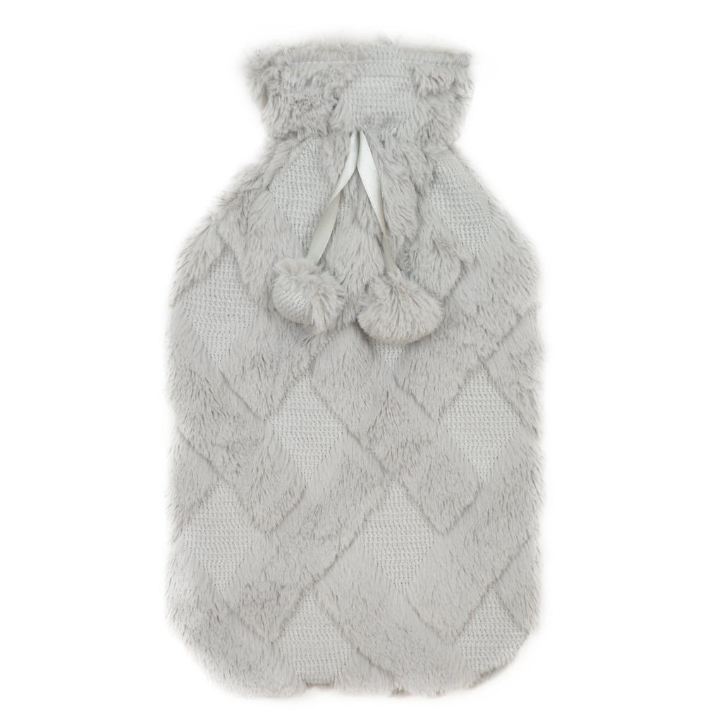 OLIVIA ROCCO Hot Water Bottle 2L – Diamond Fleece Plush Cover with Pom Poms