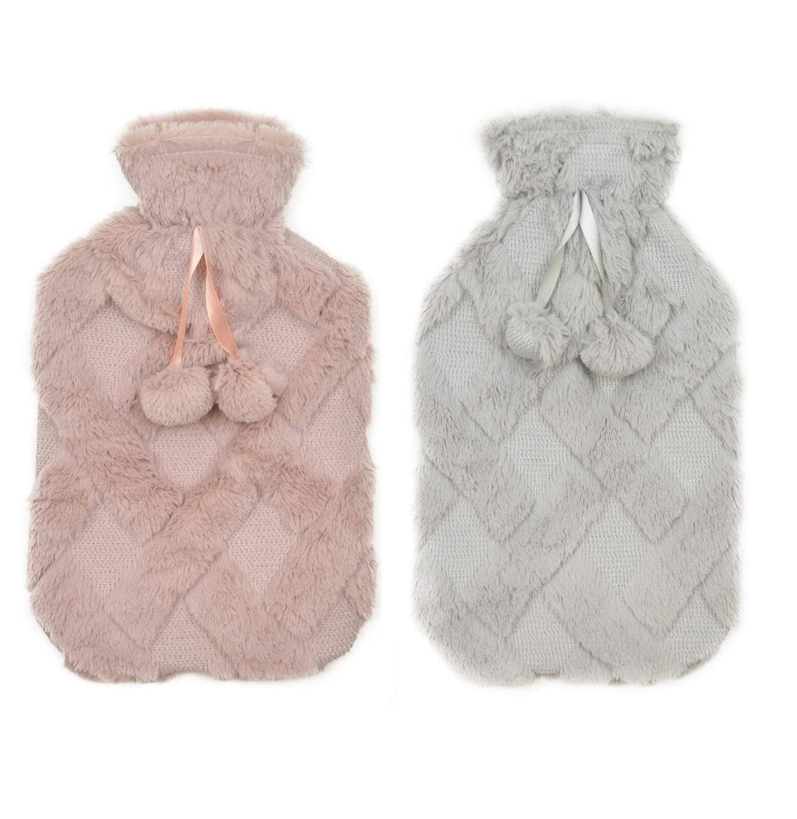 OLIVIA ROCCO Hot Water Bottle 2L – Diamond Fleece Plush Cover with Pom Poms