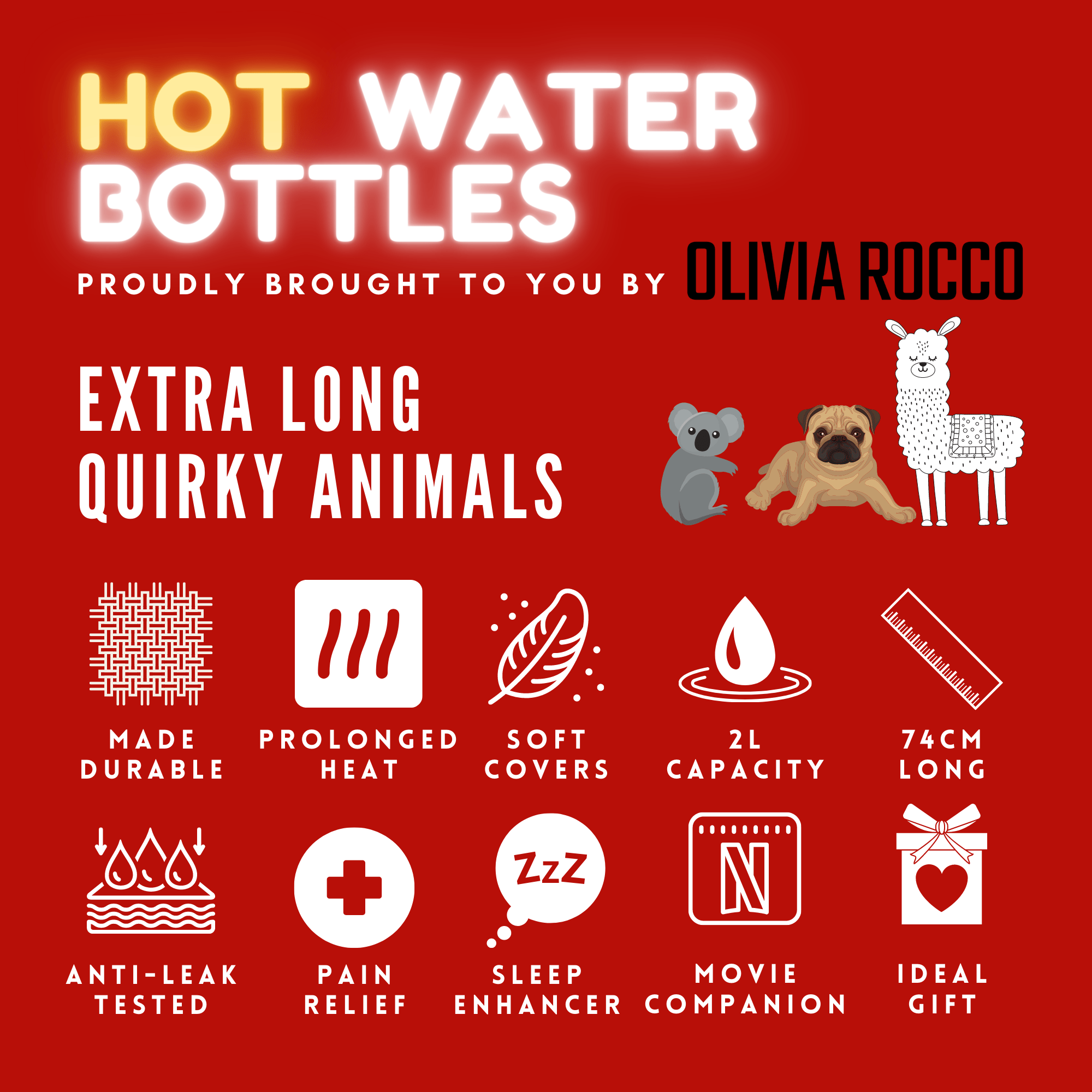 OLIVIA ROCCO Extra Long 2L Hot Water Bottle | Faux Fur Cover for Pain Relief