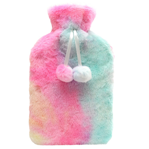 OLIVIA ROCCO Hot Water Bottle – 2L Rainbow Tie Dye Faux Fur Plush Cover